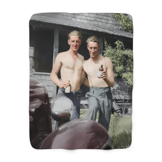 Heirloom sherpa blanket featuring two young men in a restored outdoor historical portrait