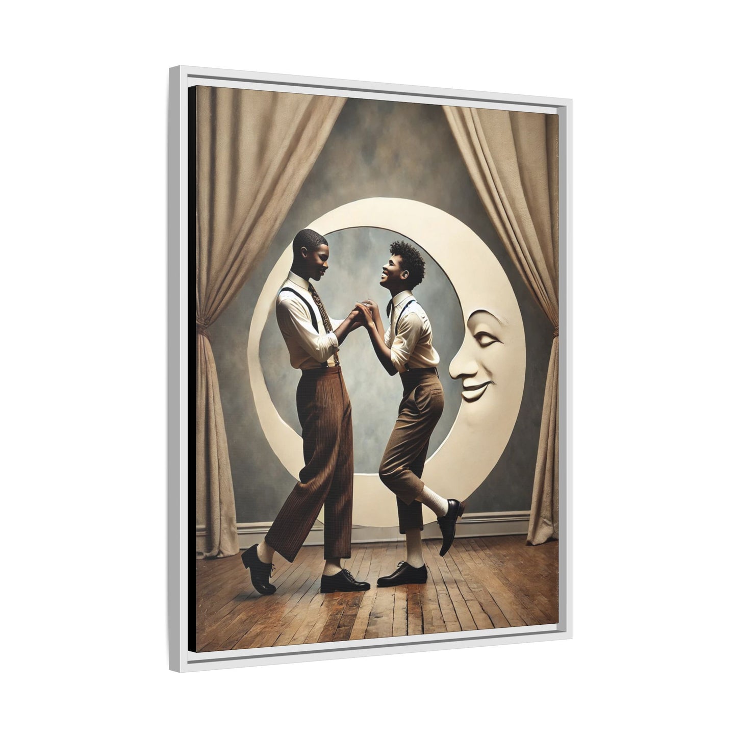 Two joyful young Black men dressed in 1920s fashion dancing in front of a crescent moon prop with a smiling face. This artwork reclaims erased queer love, offering a whimsical and powerful celebration of Black LGBTQ+ youth and history.