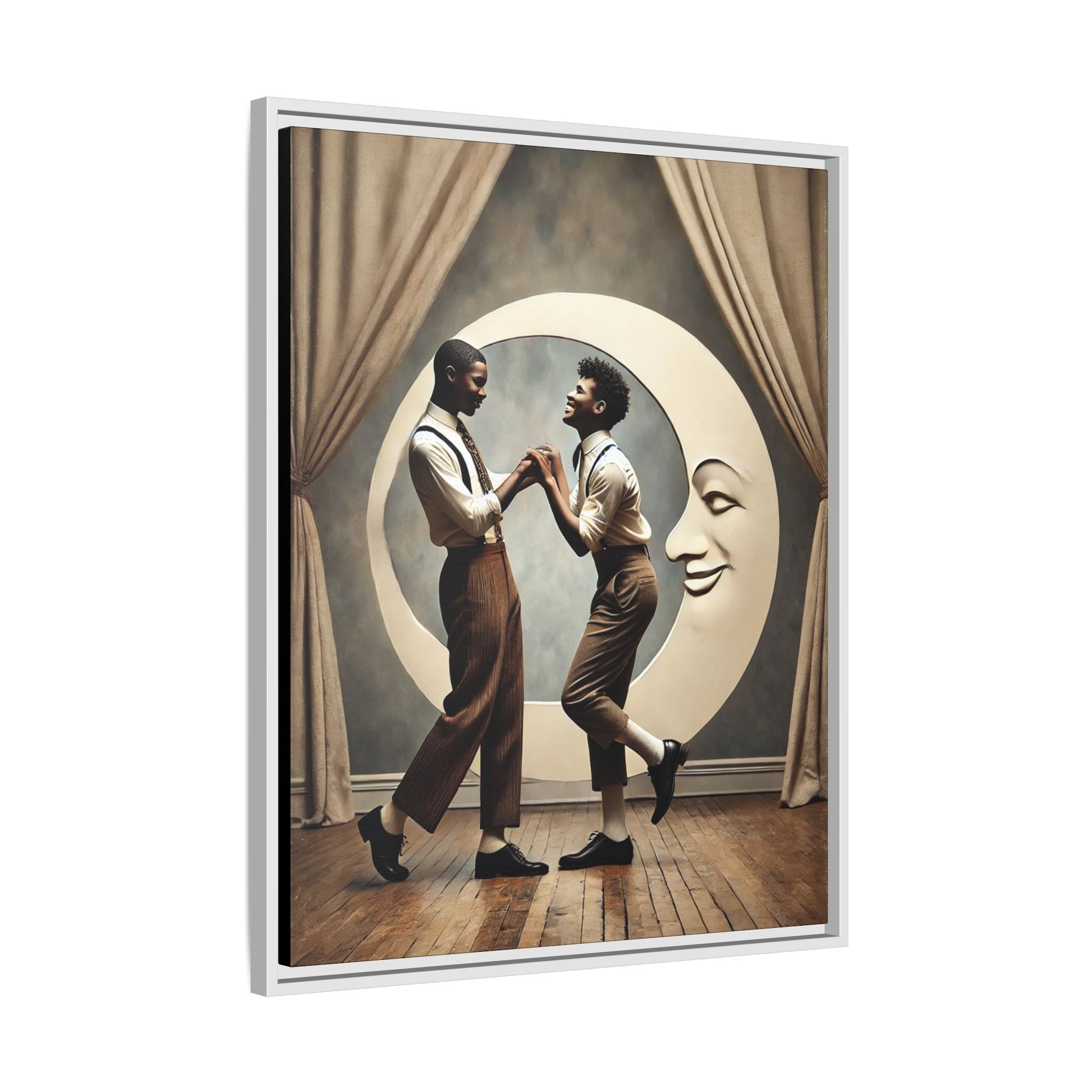 Two joyful young Black men dressed in 1920s fashion dancing in front of a crescent moon prop with a smiling face. This artwork reclaims erased queer love, offering a whimsical and powerful celebration of Black LGBTQ+ youth and history.