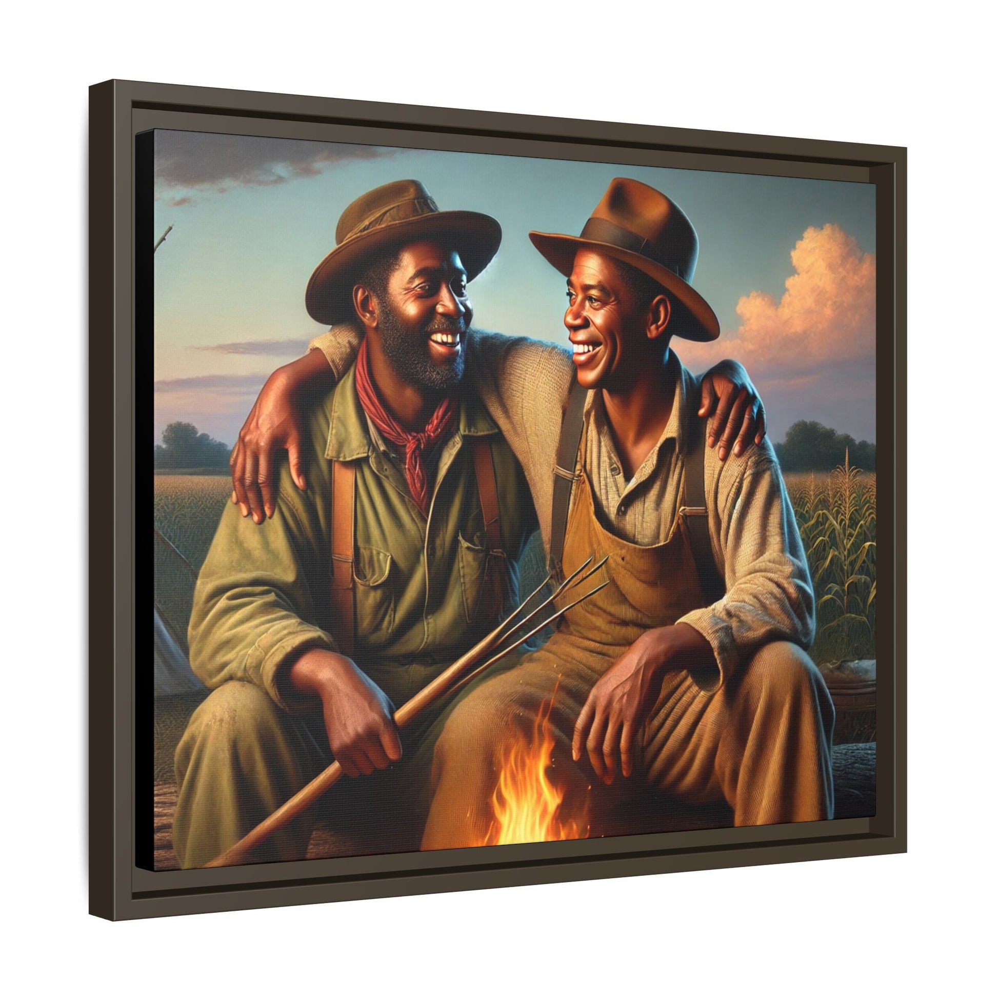 Artwork of an older African-American queer couple sharing a warm, joyful moment by a campfire in rural Iowa. Set against vast fields and an open sky, the scene captures love, resilience, and the nostalgic beauty of Americana, with firelight illuminating their laughter and companionship