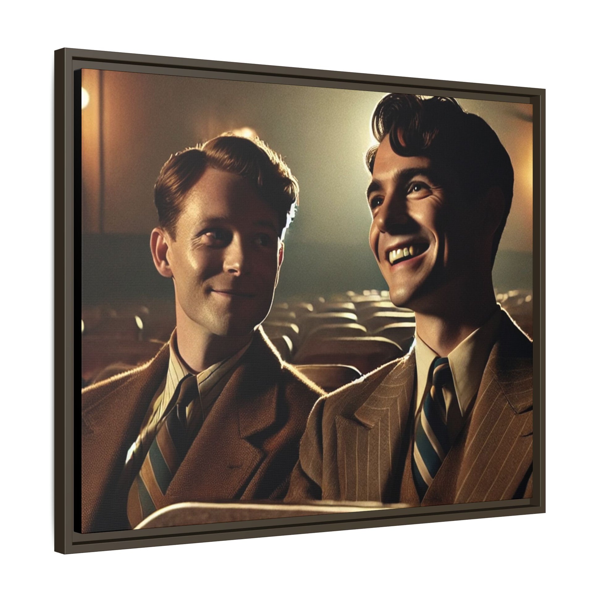 Vintage-style photo of two young men sharing an intimate moment on a date in a 1930s movie theater. Dressed in classic pinstripe suits, their smiles and close connection evoke the warmth and charm of the era, celebrating LGBTQ+ history and timeless romance.