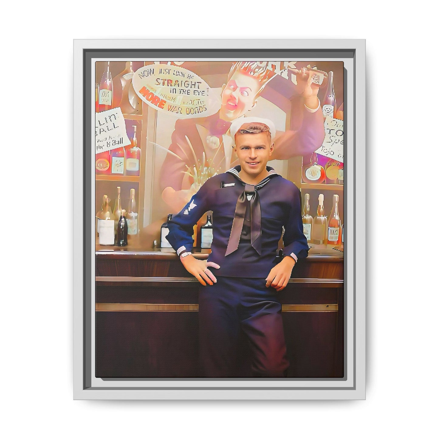 A restored WWII-era portrait of Charles at Brooklyn Navy Yard, New York. This framed matte canvas print captures the resilience and camaraderie of wartime sailors, featuring vintage war bond advertisements and classic Navy charm.