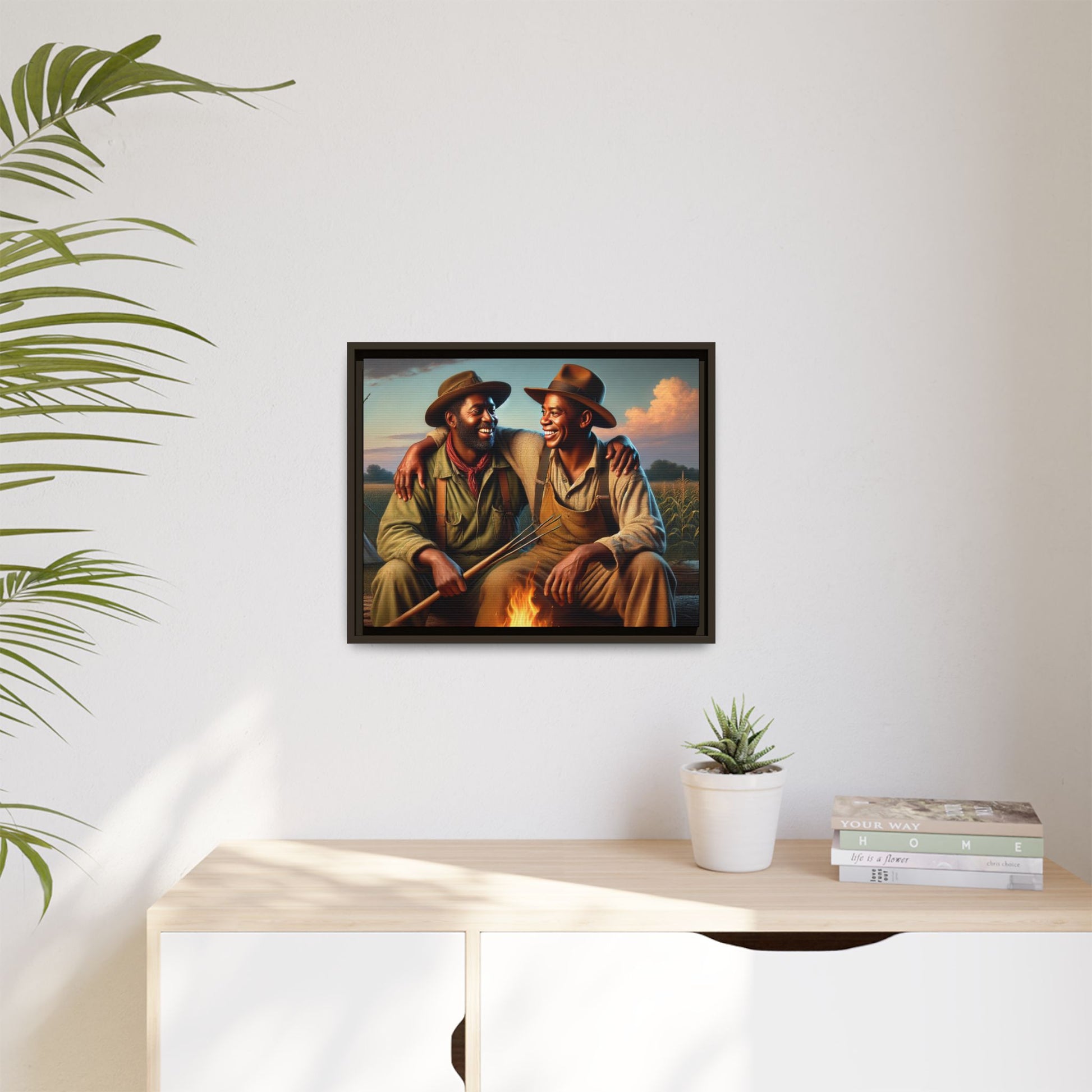 Artwork of an older African-American queer couple sharing a warm, joyful moment by a campfire in rural Iowa. Set against vast fields and an open sky, the scene captures love, resilience, and the nostalgic beauty of Americana, with firelight illuminating their laughter and companionship