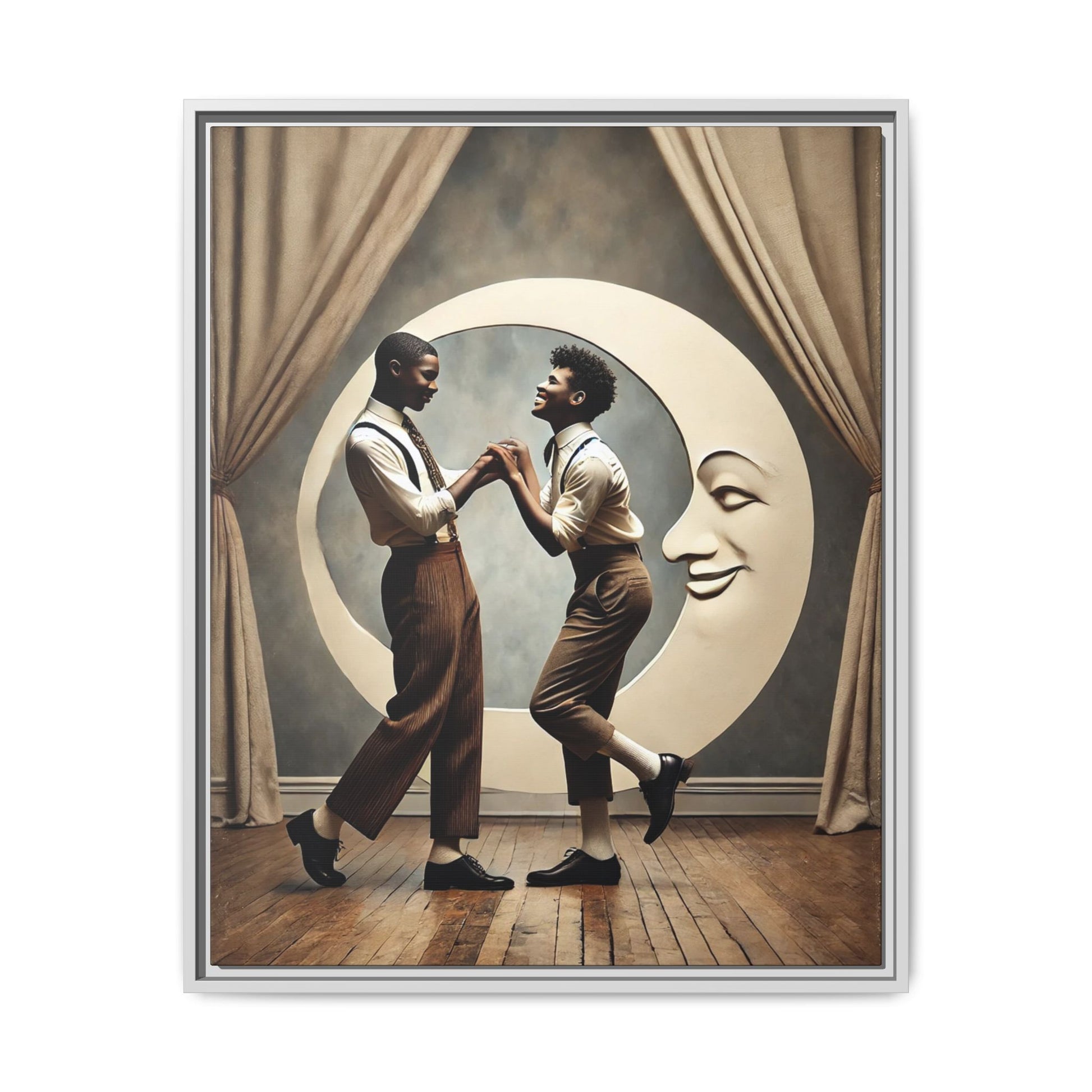 Two joyful young Black men dressed in 1920s fashion dancing in front of a crescent moon prop with a smiling face. This artwork reclaims erased queer love, offering a whimsical and powerful celebration of Black LGBTQ+ youth and history.