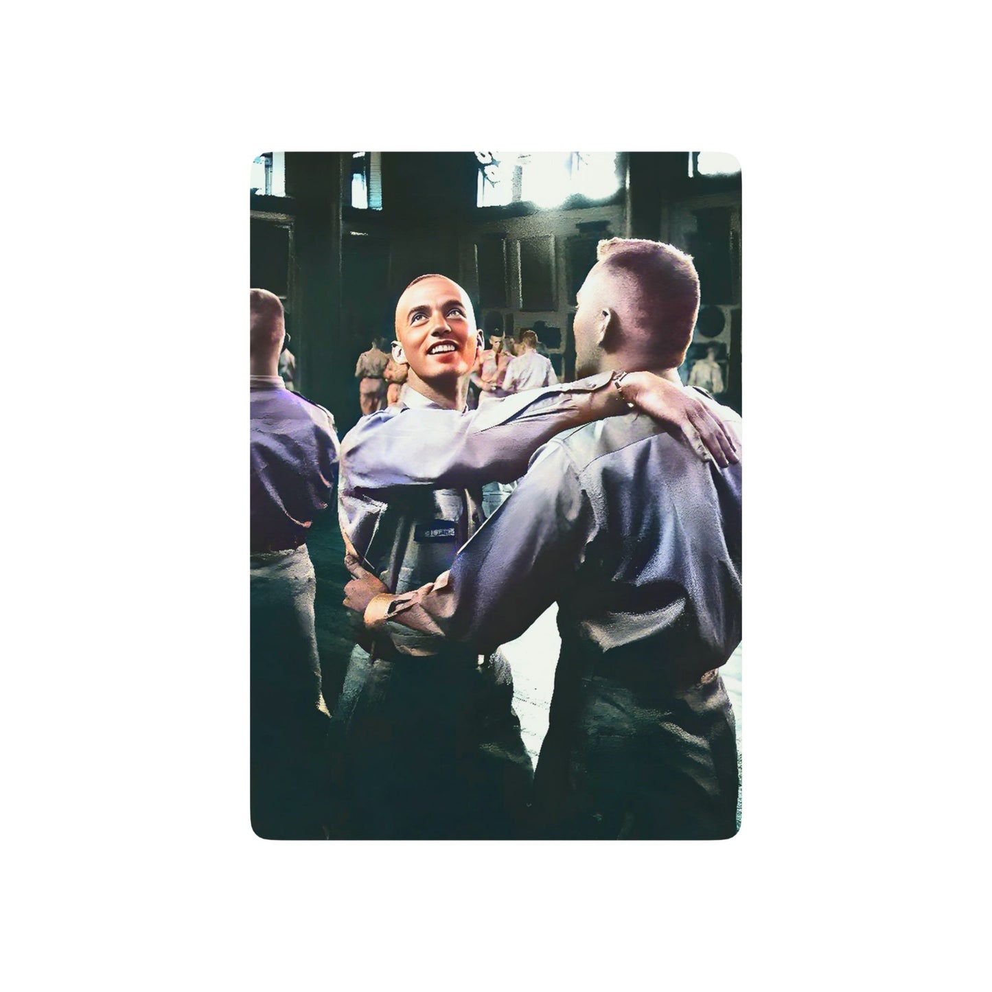 Vintage photo of two men dancing at a WWII USO dance, dressed in military uniforms, celebrating hidden Queer history.