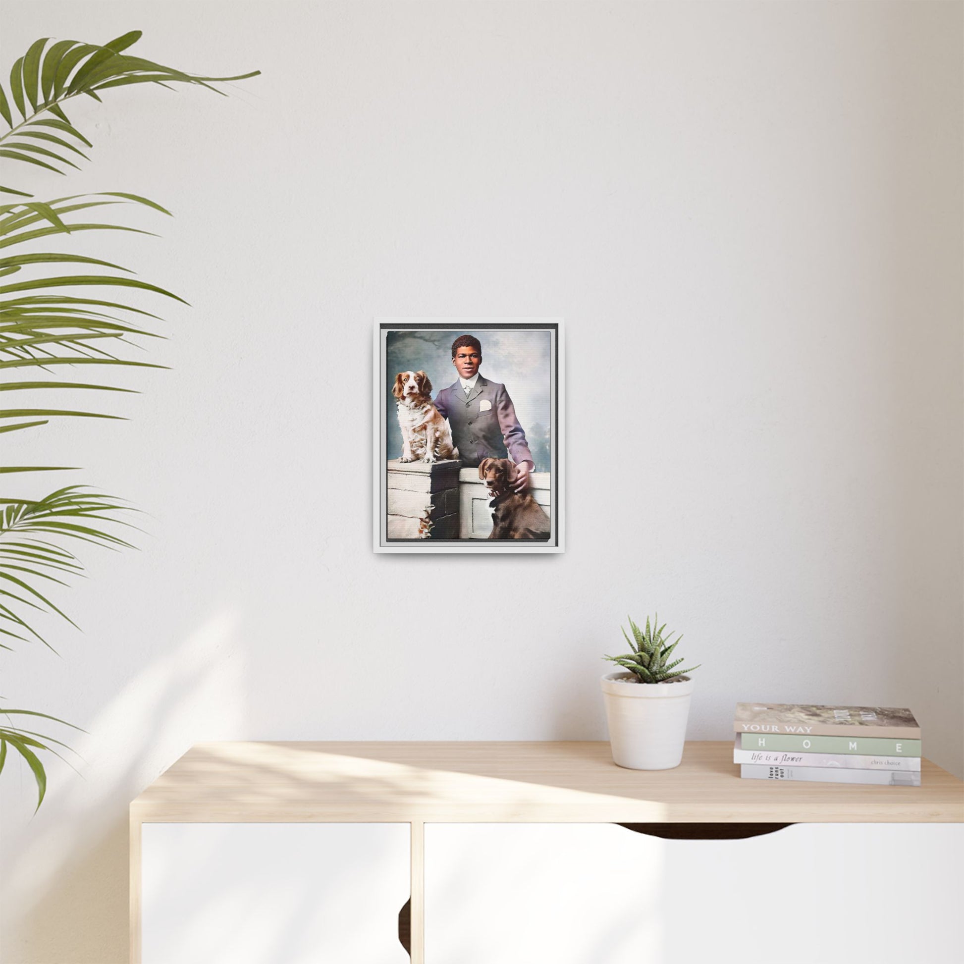 A restored vintage portrait of Marcus with his dogs, Buster and Ellis, in Charlotte, North Carolina. This framed matte canvas print captures the elegance of Southern charm and the enduring bond between a man and his loyal companions. Vintage Dog Portrait