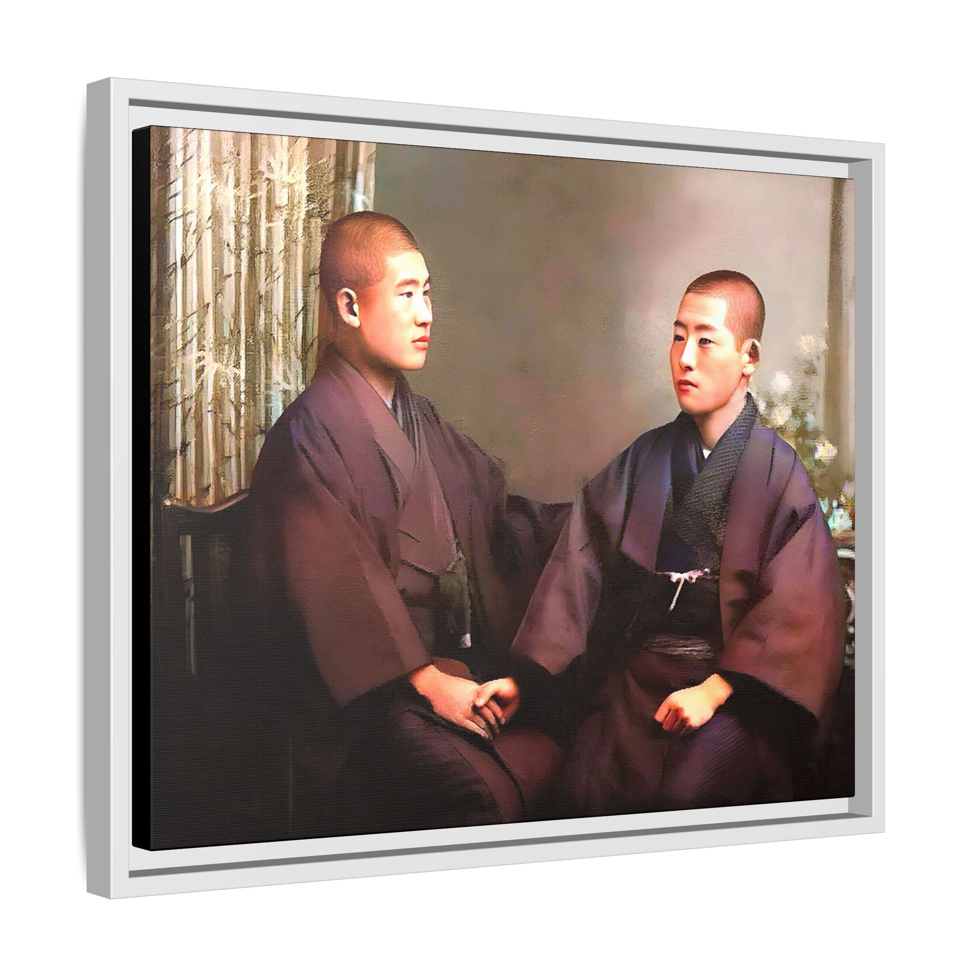 A vintage portrait of Hiroto & Atsushi in Kyoto, Japan. This framed matte canvas celebrates LGBTQ+ love, cultural heritage, and timeless elegance, making it a unique and meaningful art piece for collectors and history enthusiasts. Gay Couple