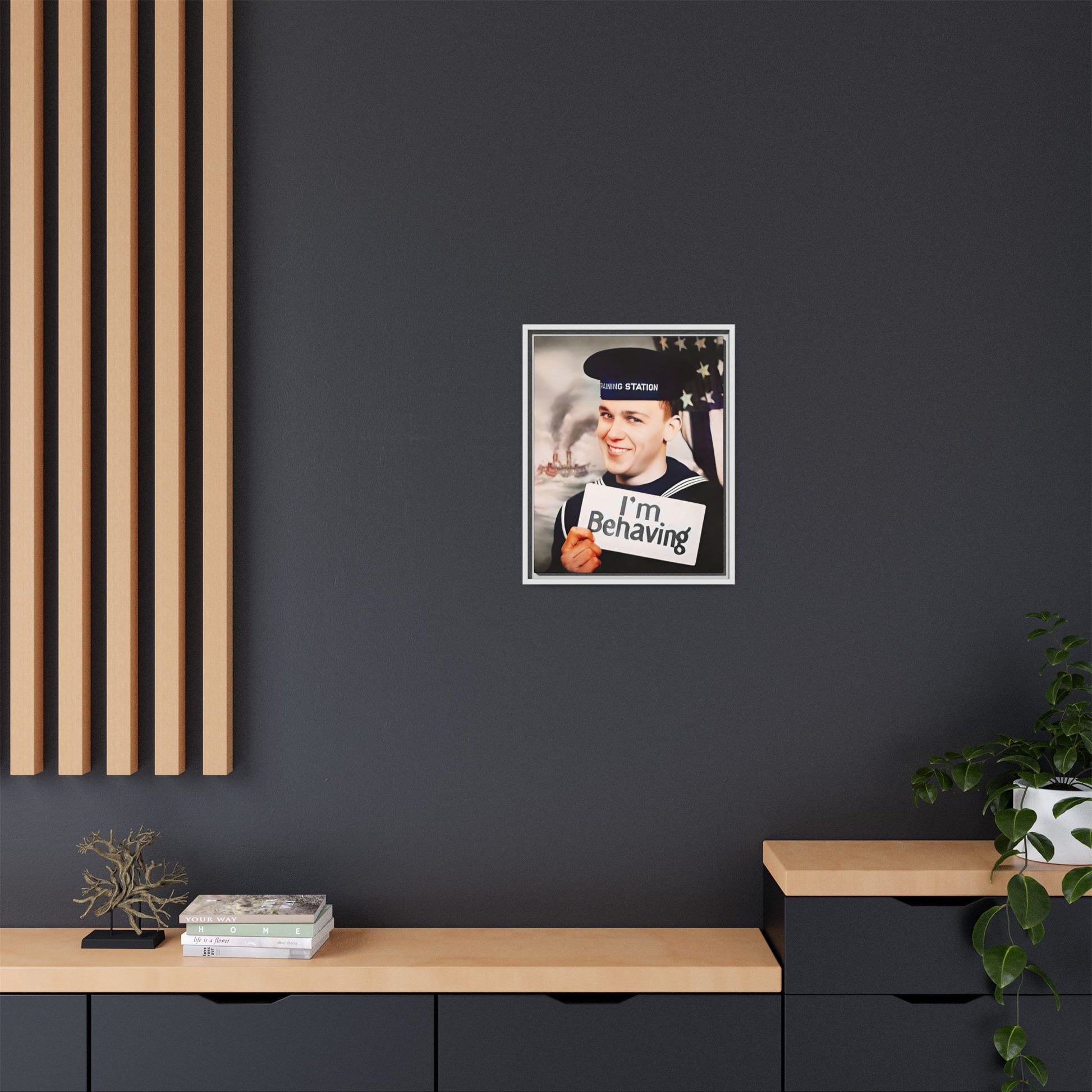 A vintage U.S. Navy sailor portrait featuring Carl at the Washington Navy Yard, grinning while holding a card reading "I'm Behaving." This framed matte canvas print is a charming mix of humor and military history, perfect for collectors and veterans.