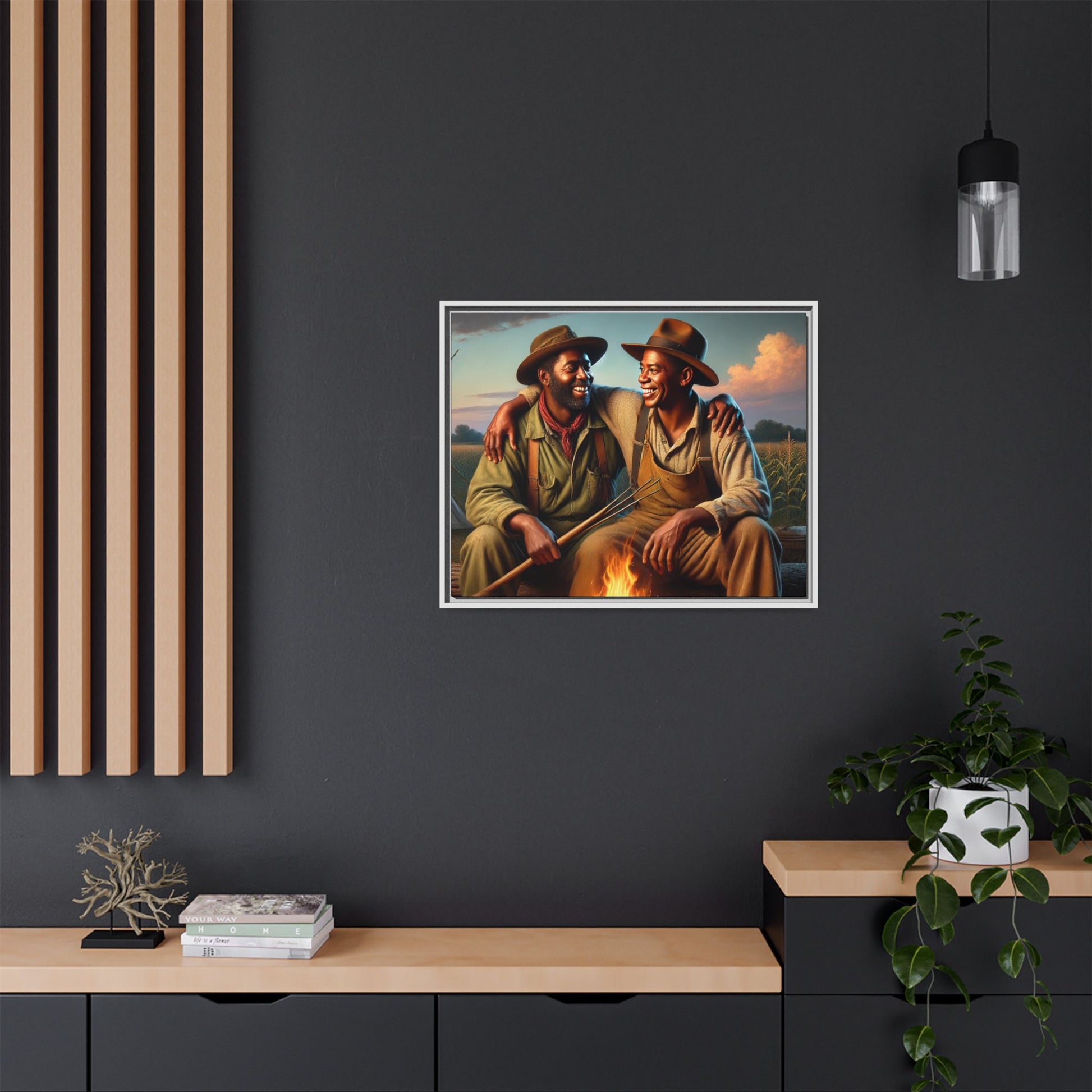 Artwork of an older African-American queer couple sharing a warm, joyful moment by a campfire in rural Iowa. Set against vast fields and an open sky, the scene captures love, resilience, and the nostalgic beauty of Americana, with firelight illuminating their laughter and companionship