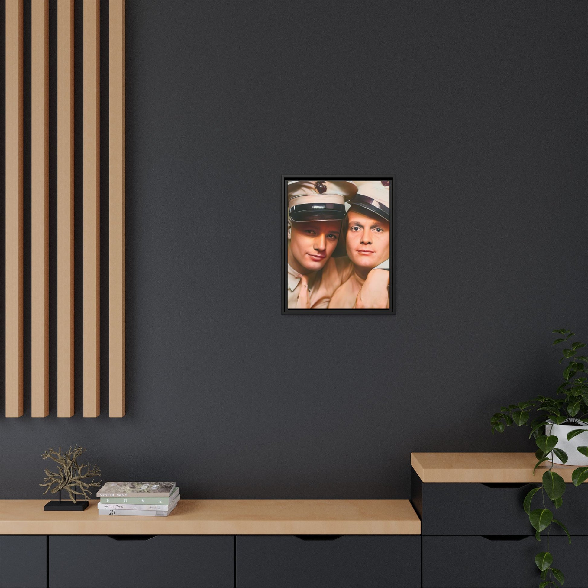 Restored vintage photograph of Paul and Ralph, an early 20th-century LGBTQ+ military couple from Camp Atterbury, Indiana. Framed matte canvas print celebrating love, courage, and LGBTQ+ history. Gay Couple Photo Booth