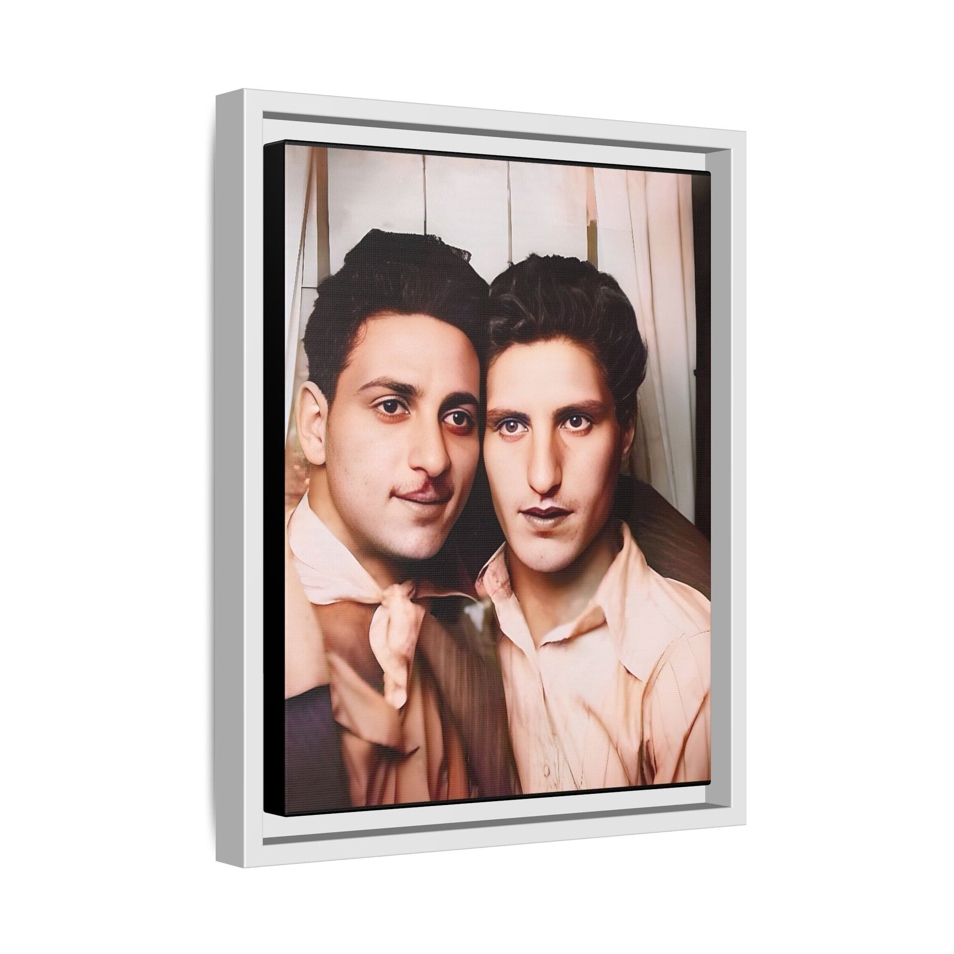A framed vintage photo booth portrait on matte canvas featuring Juan and Lawrence in Santa Monica, California, capturing timeless LGBTQ+ love and companionship. Gay Couple