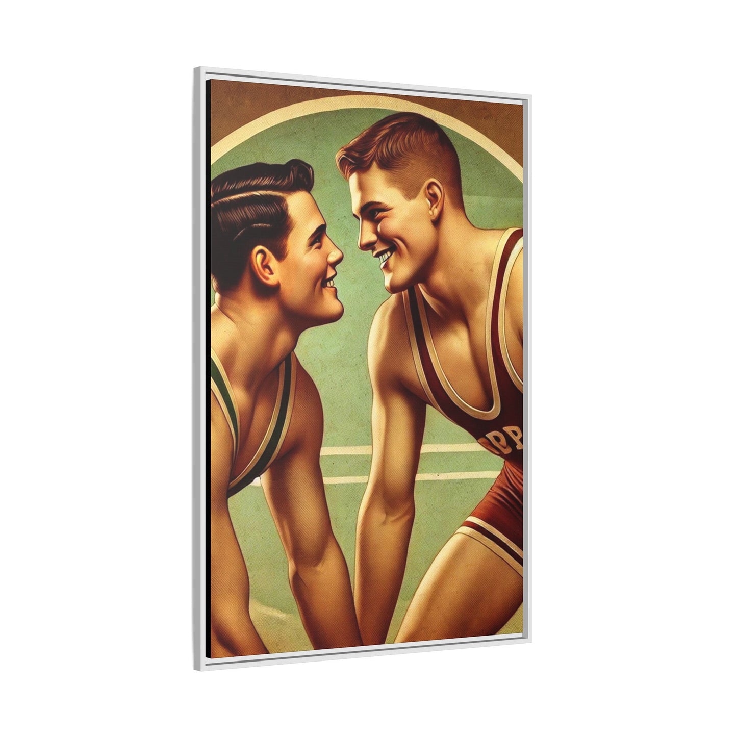 Framed artwork of two young wrestlers in vintage singlets on a stylized mat, inspired by Grant Wood's nostalgic Americana style.