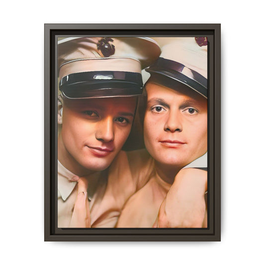 Restored vintage photograph of Paul and Ralph, an early 20th-century LGBTQ+ military couple from Camp Atterbury, Indiana. Framed matte canvas print celebrating love, courage, and LGBTQ+ history. Gay Couple Photo Booth