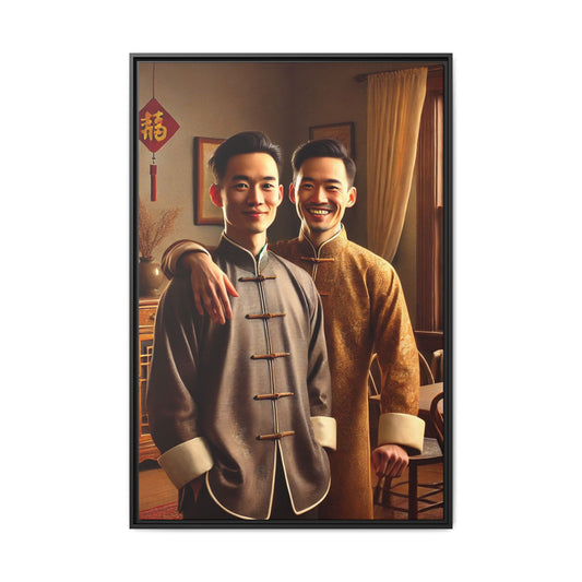 Artwork featuring a joyful portrait of a Chinese queer couple celebrating Chinese New Year in traditional attire. Set in a cozy American home adorned with subtle decorations, this image captures love, cultural pride, and warmth, blending Chinese heritage with a Midwestern setting