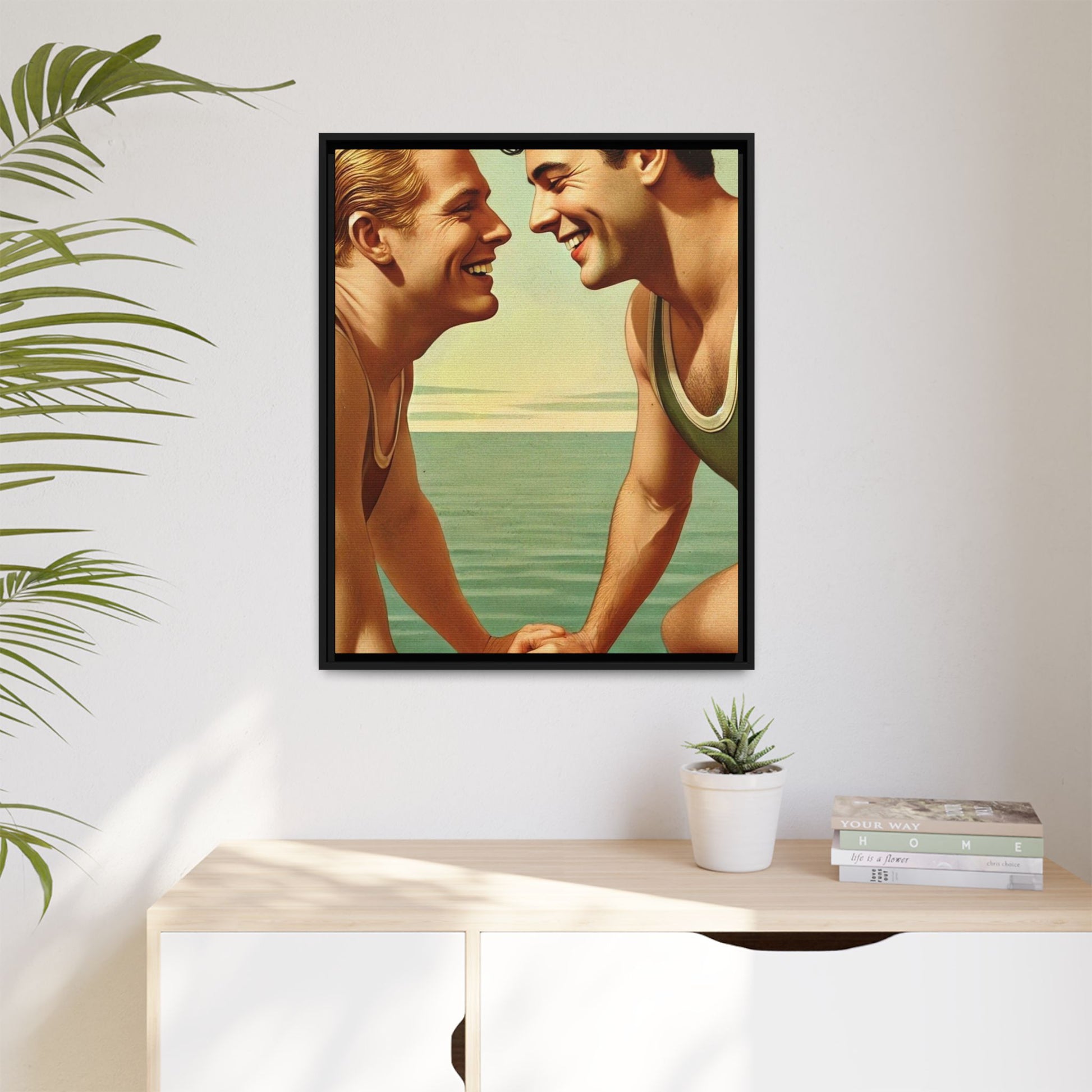 Vintage-style artwork of a joyful 1930s moment between a gay couple by the lake, dressed in classic swimwear and sharing warm smiles. Set on a serene wooden dock, this piece captures love, companionship, and LGBTQ+ history in an idyllic, nostalgic summer setting.
