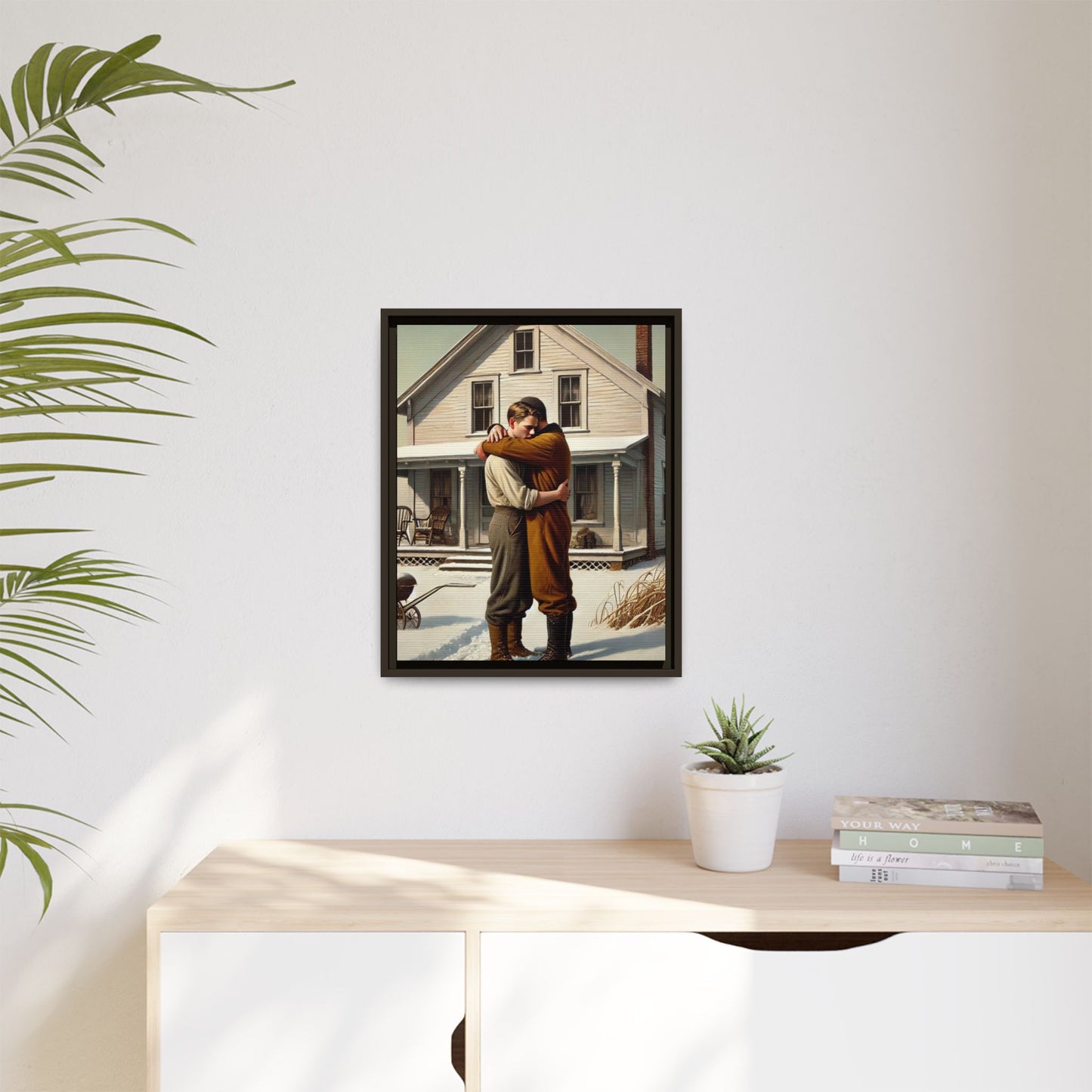 Artwork of a tender moment between a gay couple embracing outside a farmhouse in a snowy, rural landscape. Dressed in vintage attire, the two men find warmth and comfort in each other’s arms, capturing love and connection in a serene, Americana winter setting