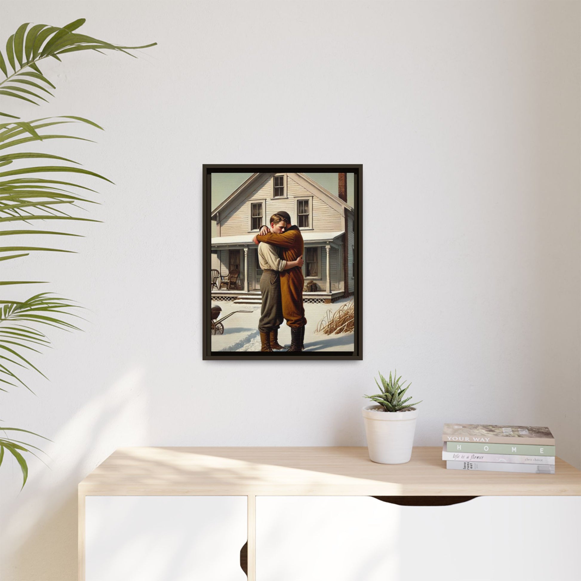 Artwork of a tender moment between a gay couple embracing outside a farmhouse in a snowy, rural landscape. Dressed in vintage attire, the two men find warmth and comfort in each other’s arms, capturing love and connection in a serene, Americana winter setting