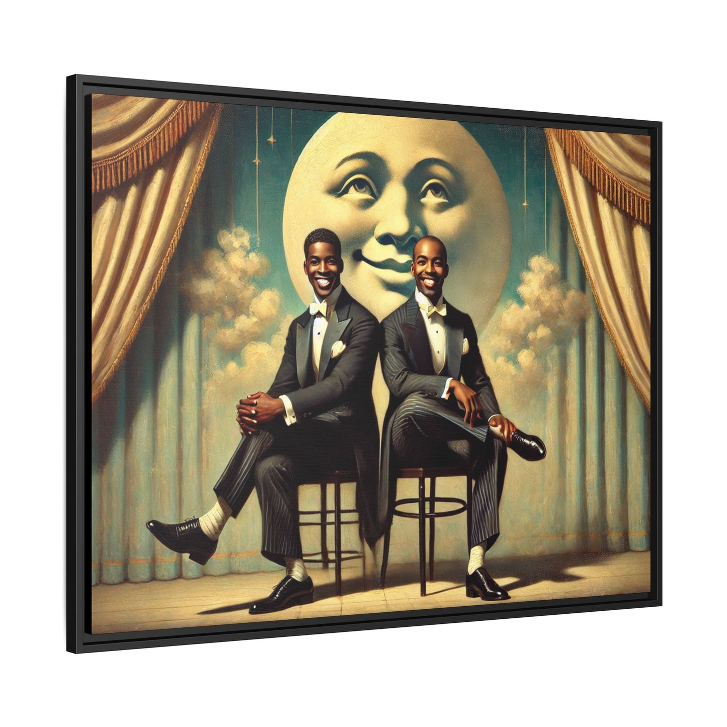 Framed vintage-style portrait of two Black men in tuxedos seated under a smiling crescent moon prop with golden curtains and cloud backdrop. This restored matte canvas honors lost LGBTQ history and reclaims early 20th-century queer representation with pride.
