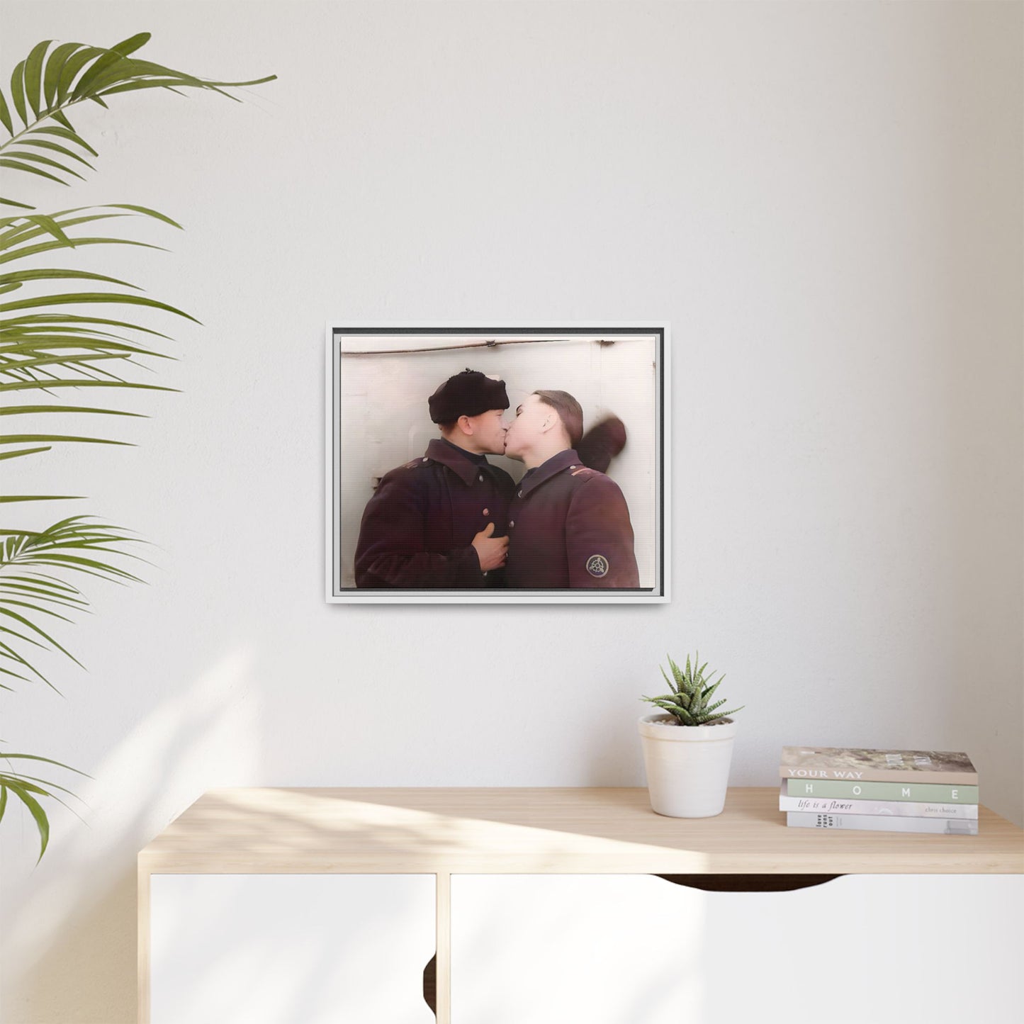 A restored vintage photograph of two Russian soldiers in uniform sharing an intimate moment at a military outpost in Surgut, Russia. Their embrace reflects resilience, love, and defiance against societal norms, making this a powerful tribute to LGBTQ+ history and wartime romance. Винтажное фото | гей-пара