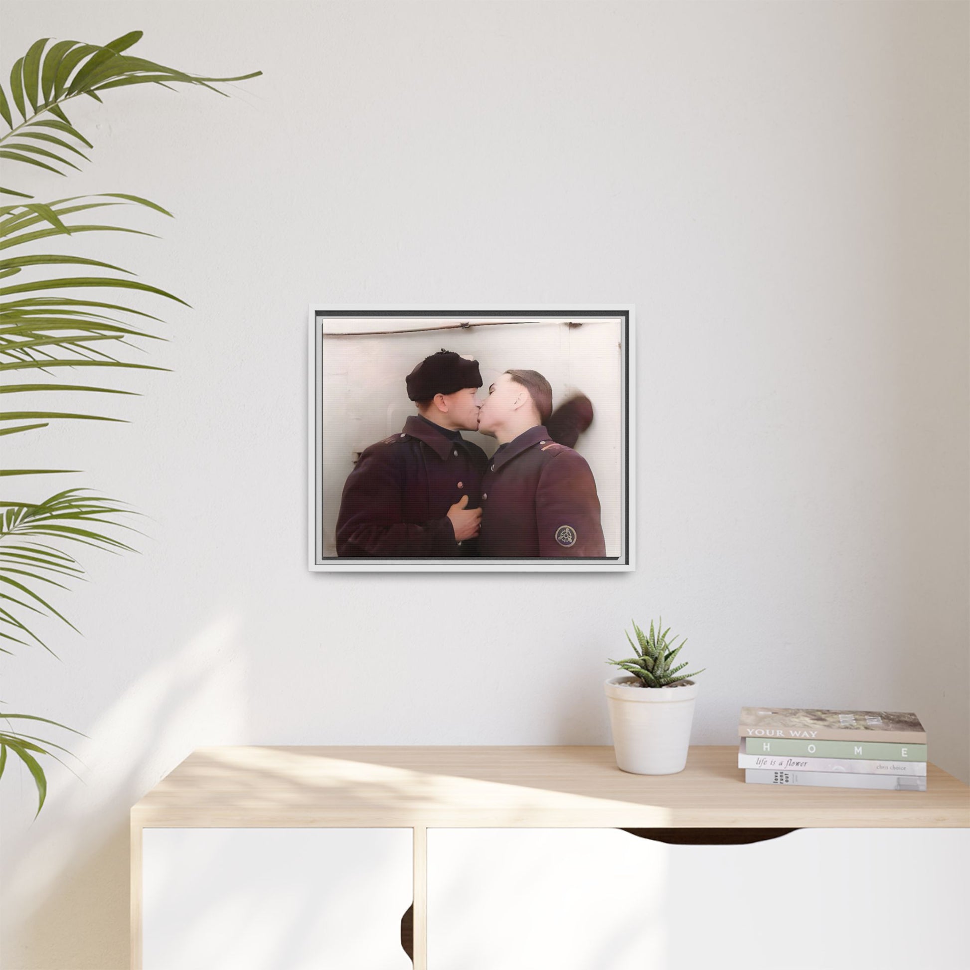 A restored vintage photograph of two Russian soldiers in uniform sharing an intimate moment at a military outpost in Surgut, Russia. Their embrace reflects resilience, love, and defiance against societal norms, making this a powerful tribute to LGBTQ+ history and wartime romance. Винтажное фото | гей-пара