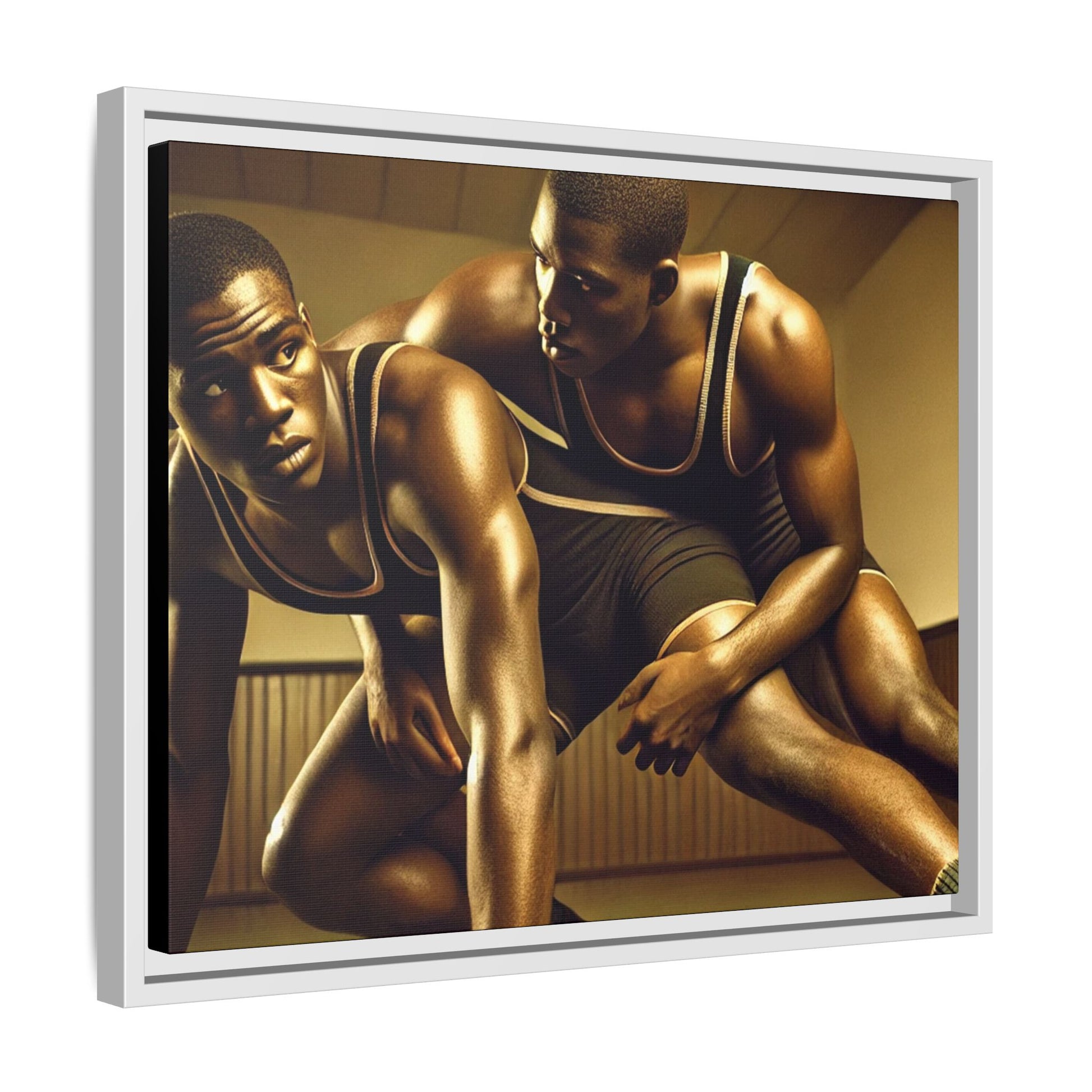 Framed artwork inspired by Grant Wood, showcasing African-American wrestlers in a vintage gymnasium setting. A powerful tribute to teamwork, resilience, and regionalist art.
