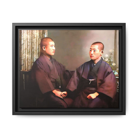 A vintage portrait of Hiroto & Atsushi in Kyoto, Japan. This framed matte canvas celebrates LGBTQ+ love, cultural heritage, and timeless elegance, making it a unique and meaningful art piece for collectors and history enthusiasts. Gay Couple