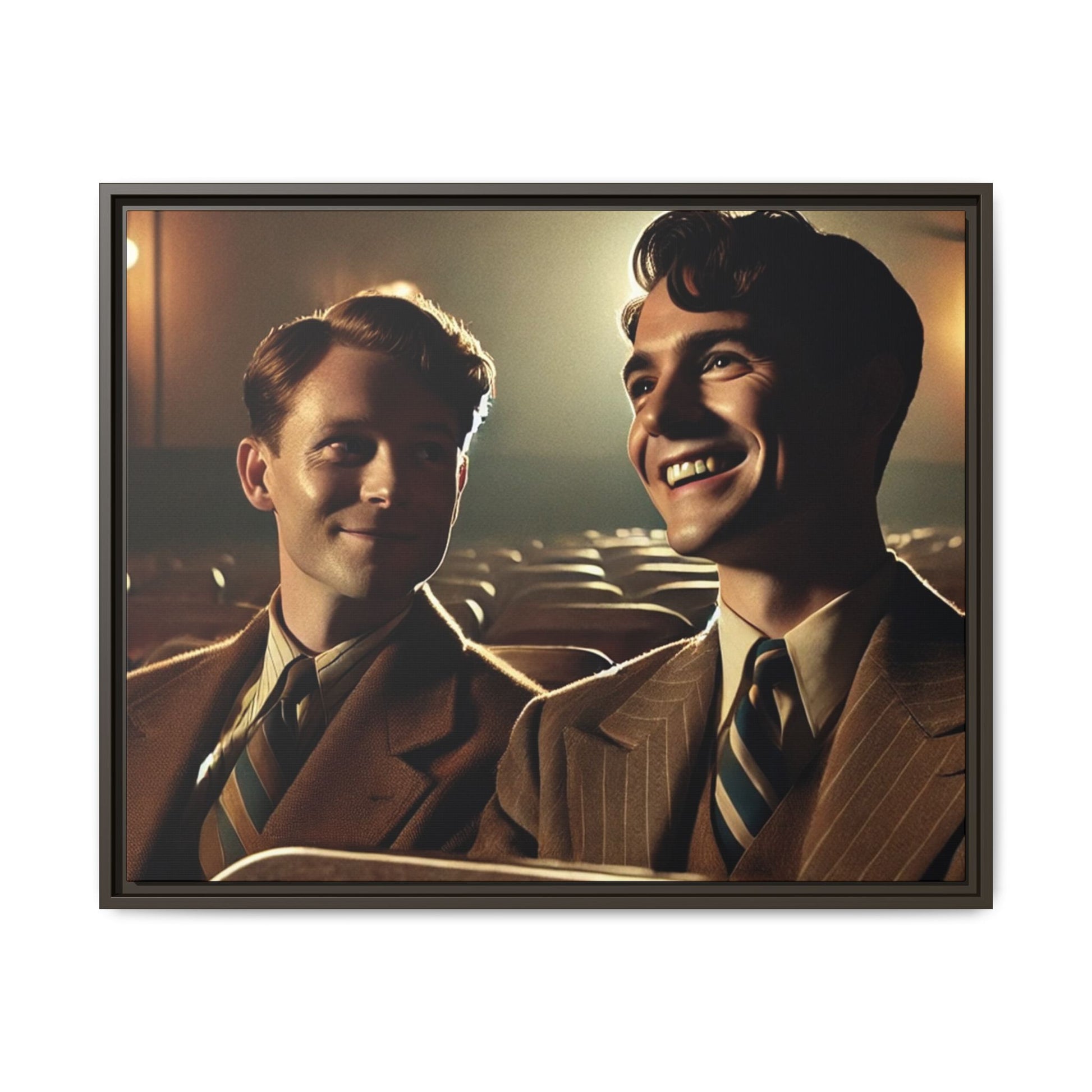 Vintage-style photo of two young men sharing an intimate moment on a date in a 1930s movie theater. Dressed in classic pinstripe suits, their smiles and close connection evoke the warmth and charm of the era, celebrating LGBTQ+ history and timeless romance.