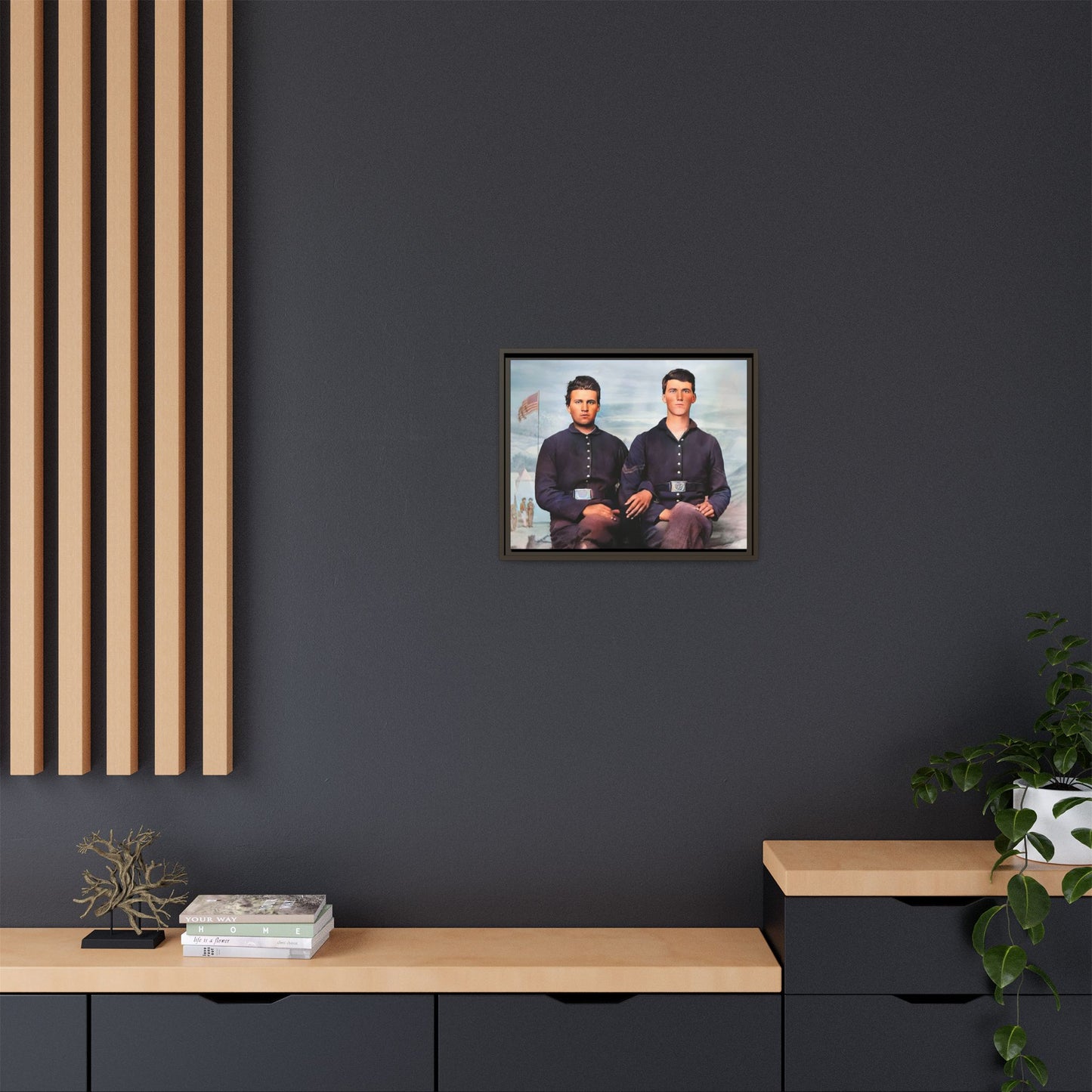 A framed vintage Civil War photo on matte canvas featuring two Union soldiers at Camp Curtin, honoring military history. Gay Couple