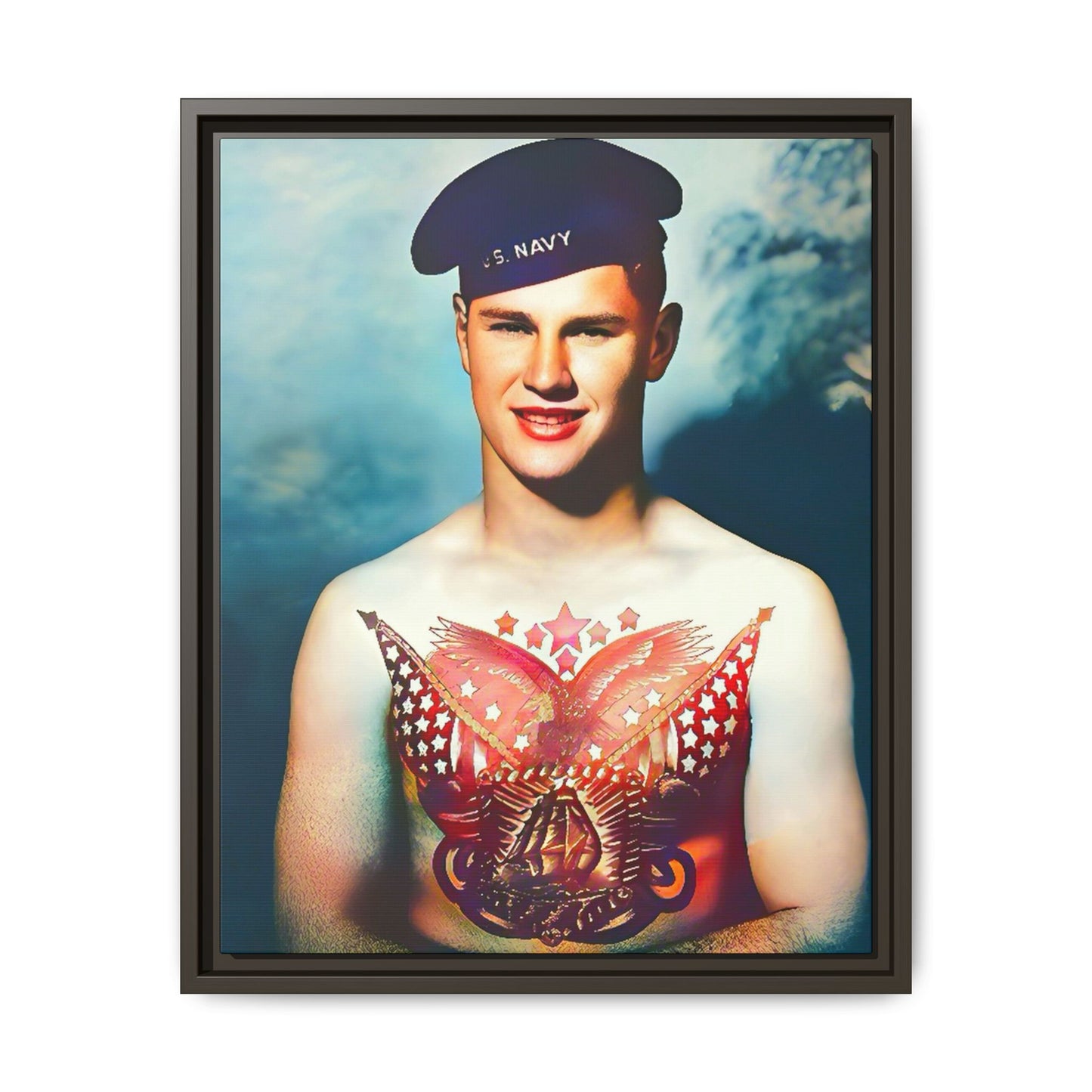 A striking vintage portrait of Charlie, a proud U.S. Navy sailor at Norfolk Navy Yard, showcasing a patriotic tattoo. This framed matte canvas print celebrates military history, individuality, and LGBTQ+ representation—perfect for collectors and history enthusiasts.