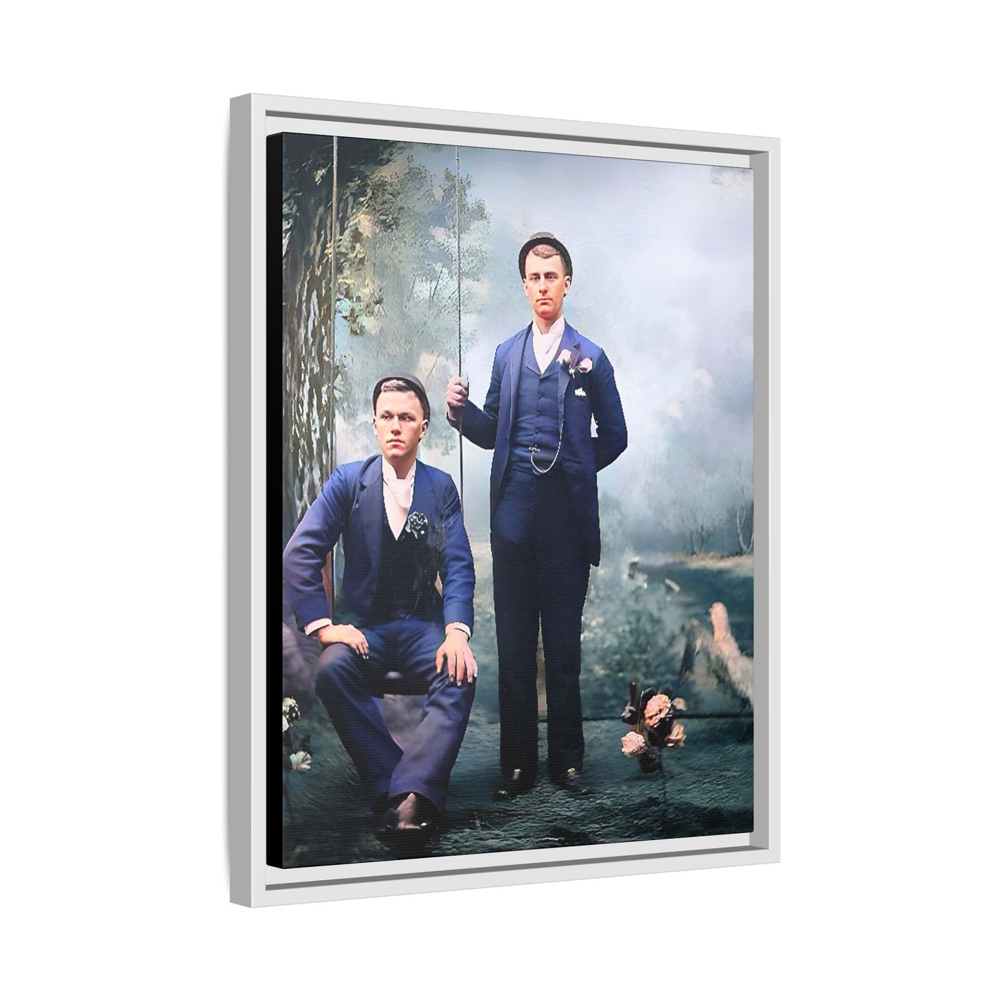 A restored vintage portrait of David & Earnest in Monongahela City, Pennsylvania. This framed matte canvas honors LGBTQ+ history, elegance, and enduring love. Gay Couple
