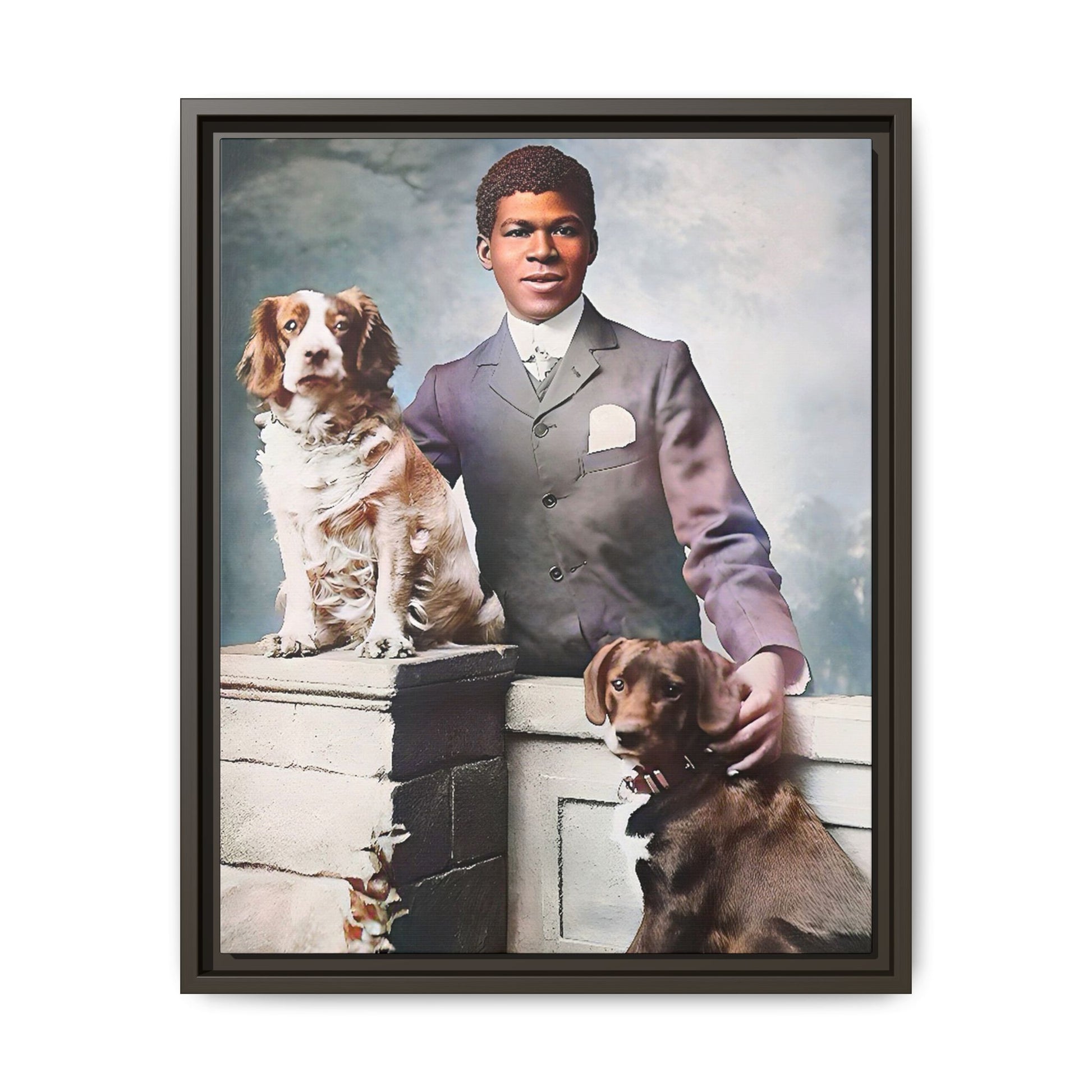 A restored vintage portrait of Marcus with his dogs, Buster and Ellis, in Charlotte, North Carolina. This framed matte canvas print captures the elegance of Southern charm and the enduring bond between a man and his loyal companions. Vintage Dog Portrait