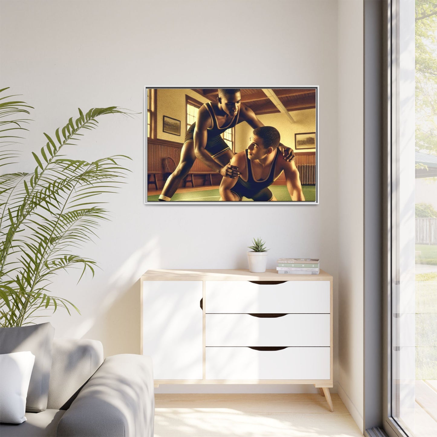 Framed canvas artwork inspired by Grant Wood featuring African-American and European-American wrestlers in a vintage gymnasium. A tribute to unity, diversity, and regionalist art.