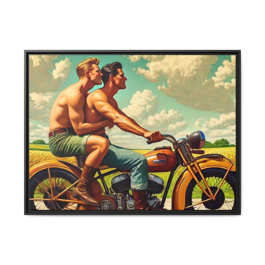 Framed artwork of a gay couple riding a vintage motorcycle through Iowa's countryside, celebrating love, unity, and freedom in a serene setting. Grant Wood Inspiration.