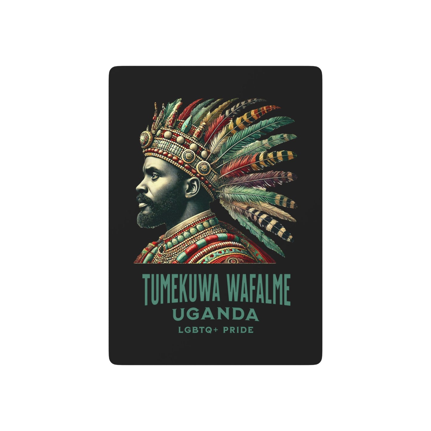 Uganda LGBTQ+ poker cards featuring a royal warrior in beaded armor and feathered headdress, celebrating Pride.