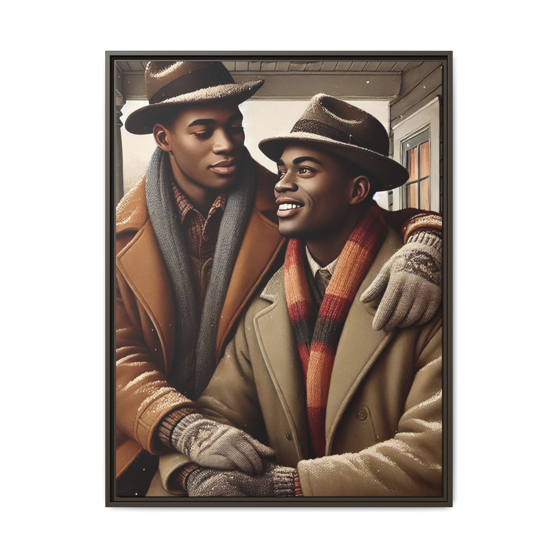 Artwork of an African-American queer couple sharing a cozy winter moment on a porch. Dressed in vintage winter attire with fedoras, scarves, and warm coats, they exchange affectionate gazes amidst softly falling snow, capturing love, warmth, and intimacy in a nostalgic winter setting.