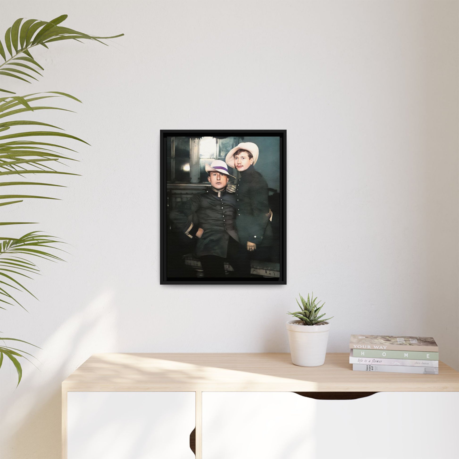 Restored vintage photograph of Flavio and Eustolio, an early 20th-century Gay military couple from El Paso, Texas. Displayed as a framed matte canvas print, showcasing timeless love and resilience