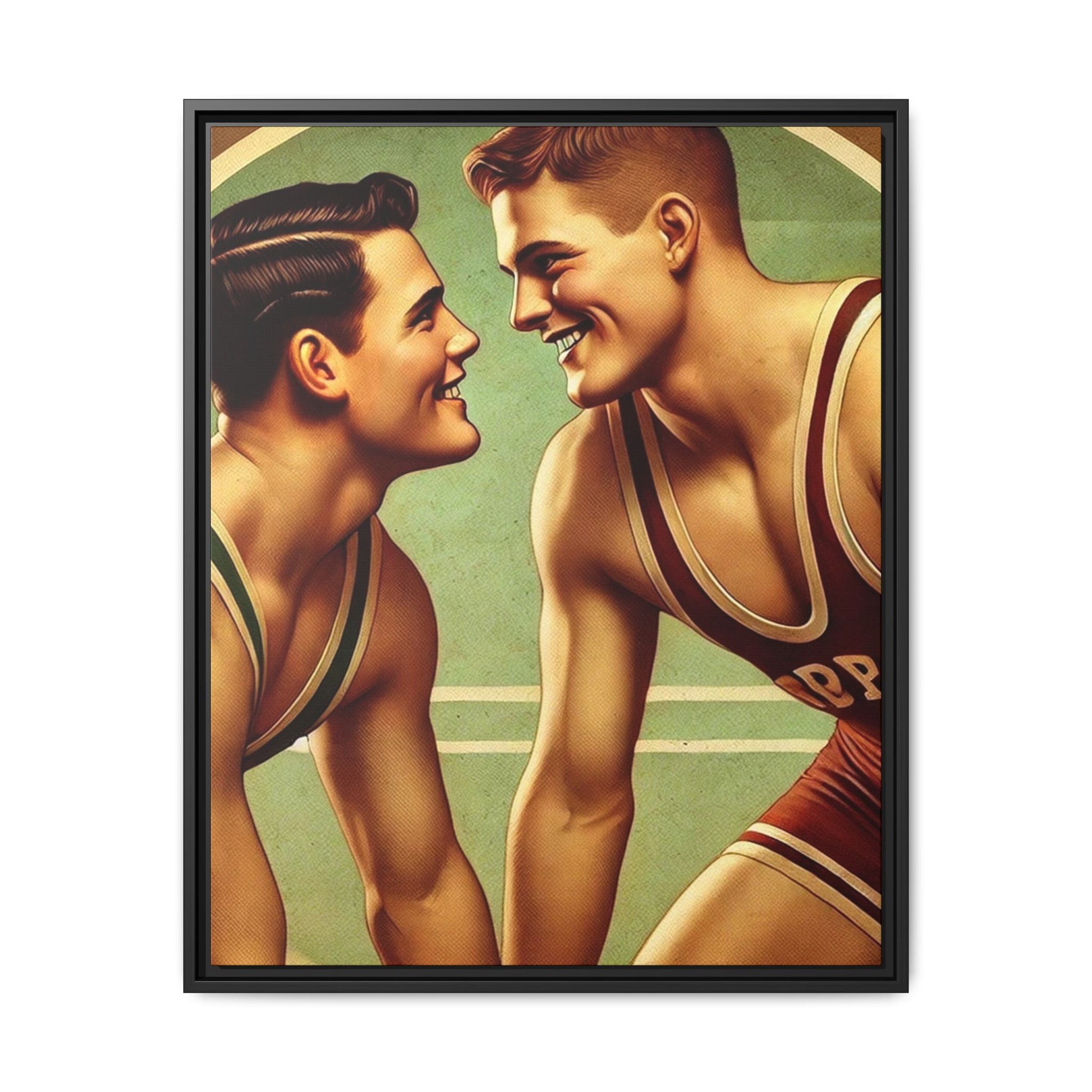 Framed artwork of two young wrestlers in vintage singlets on a stylized mat, inspired by Grant Wood's nostalgic Americana style.