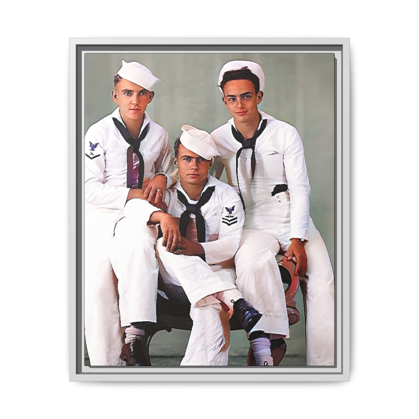 A restored vintage portrait of three sailors aboard the USS Alabama. This framed matte canvas honors naval history, camaraderie, and timeless service.