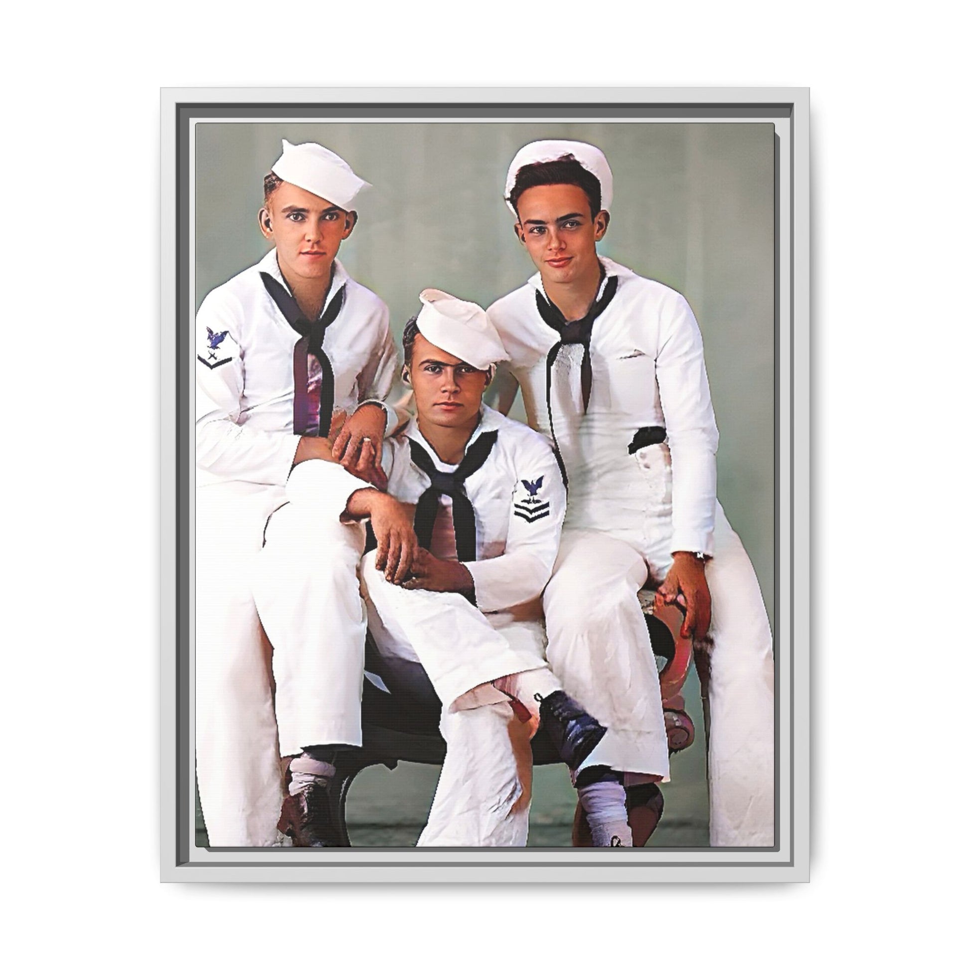 A restored vintage portrait of three sailors aboard the USS Alabama. This framed matte canvas honors naval history, camaraderie, and timeless service.