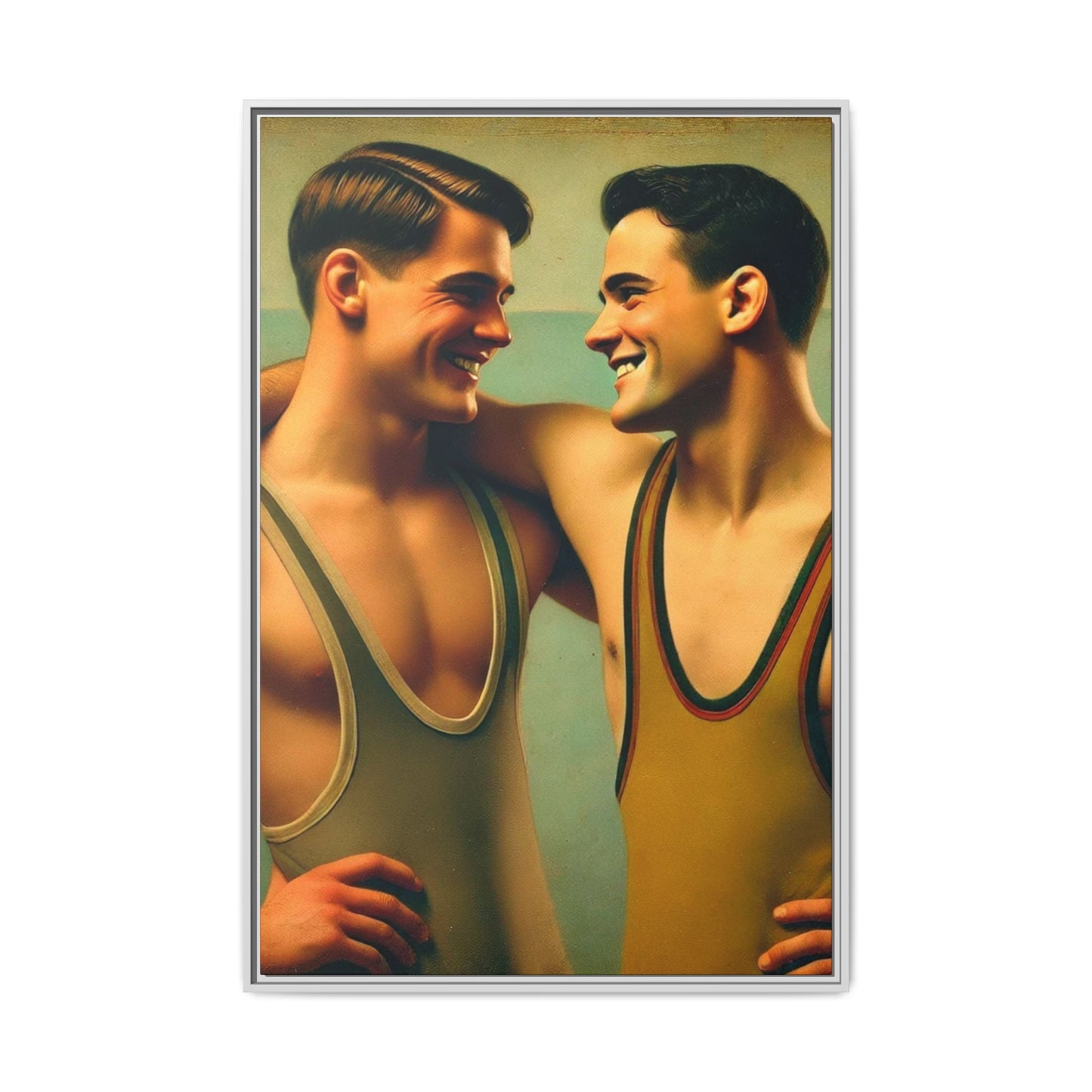 Framed artwork of two young wrestlers in vintage singlets sharing a candid moment, inspired by Grant Wood's Regionalist art style.