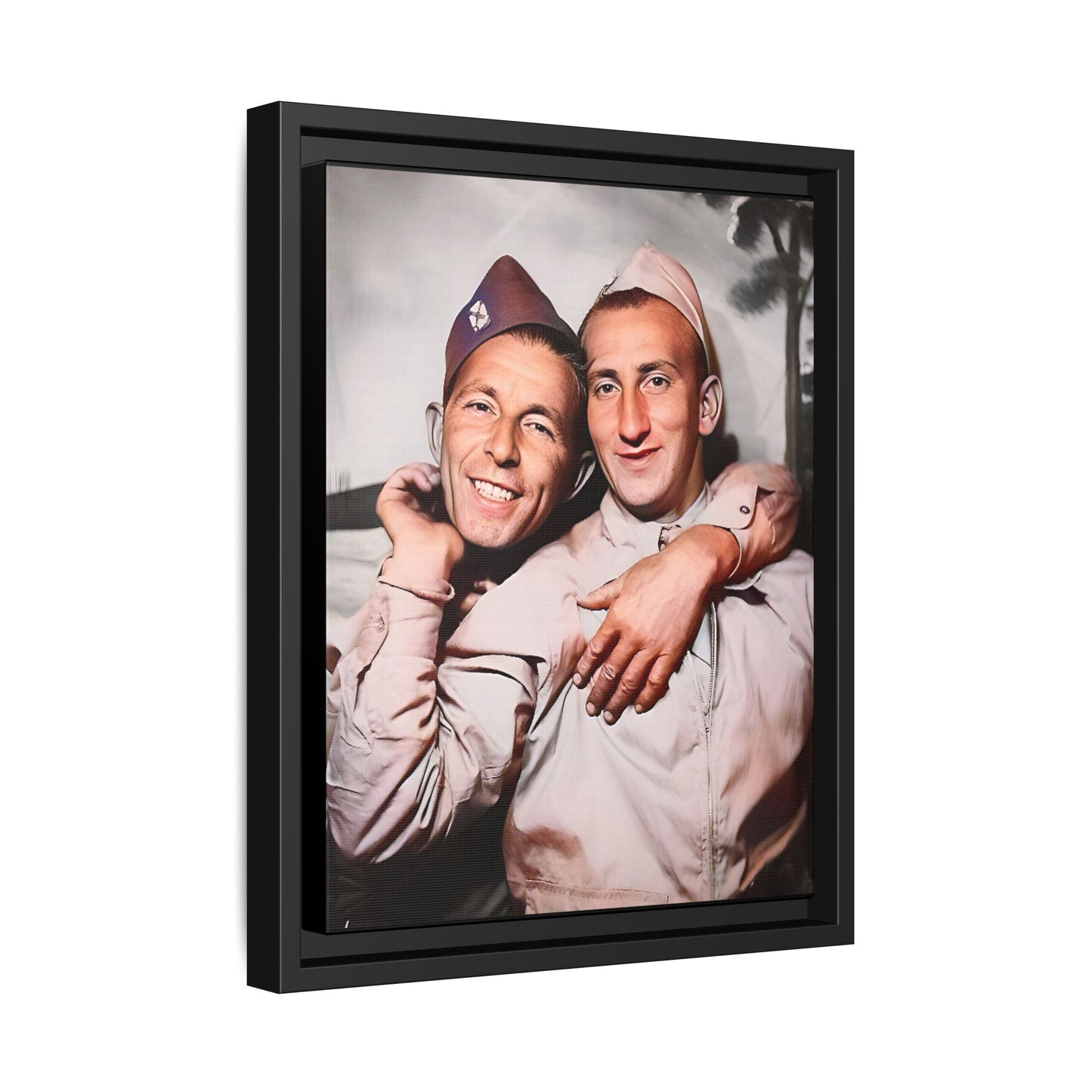 A framed vintage photo on matte canvas featuring a heartfelt portrait of a military couple at Fort Jackson, South Carolina, celebrating love and resilience in history.