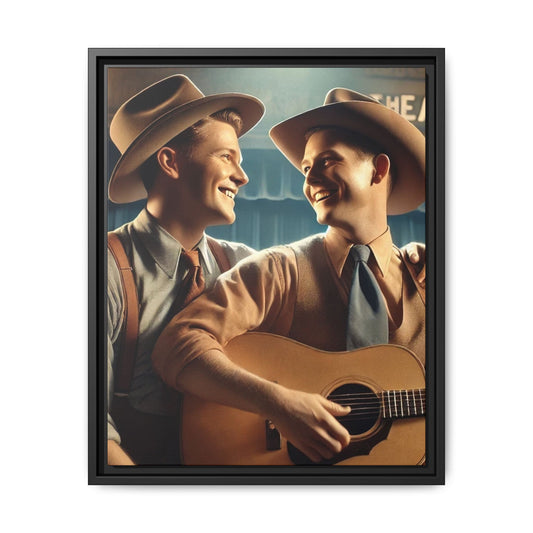 Artwork of a gay couple recording a country-western song in a 1930s-style studio. Dressed in classic Western attire with wide-brimmed hats and button-up shirts, the two men share an affectionate gaze, capturing love and unity in a nostalgic, vintage setting.