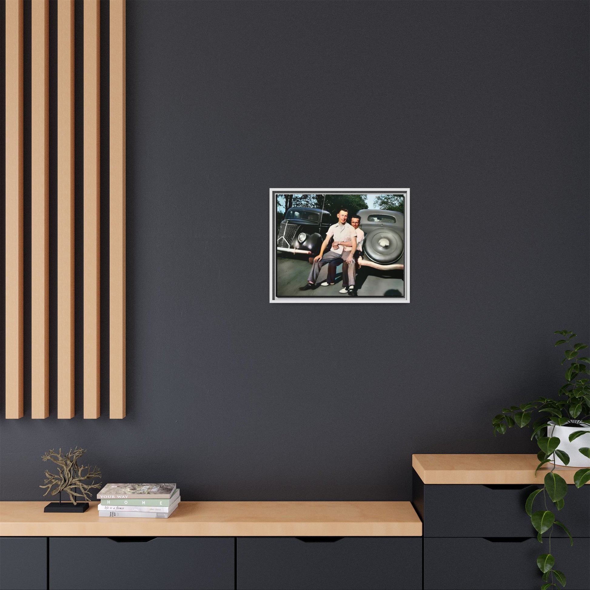 Restored vintage photograph of Andrew and Eugene seated on a classic car bumper in 1930s Lincoln, Nebraska. Framed matte canvas print celebrating LGBTQ+ history, love, and timeless companionship. Gay Couple