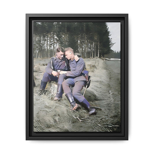 A beautifully restored WWI-era photograph featuring Felix and Engel, two soldiers seated closely on a tree stump in Verdun, France. Dressed in military uniforms with rugged boots, their affectionate expressions and serene forest backdrop capture a rare and intimate moment of connection and resilience during wartime. Vintage Foto Schwules Paar