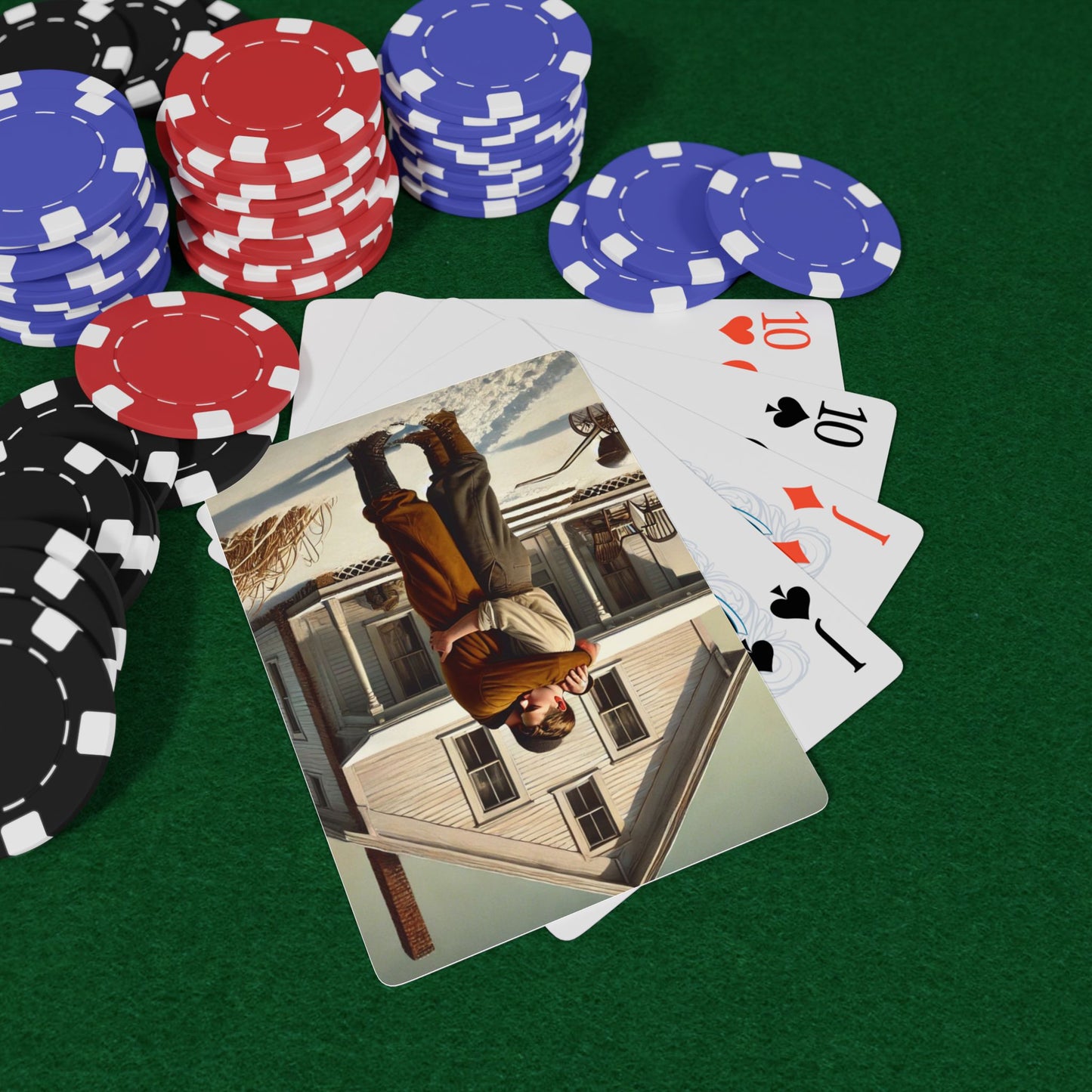 Vintage-inspired poker deck featuring two men embracing in a snowy Midwestern landscape, celebrating queer love. Gay Love