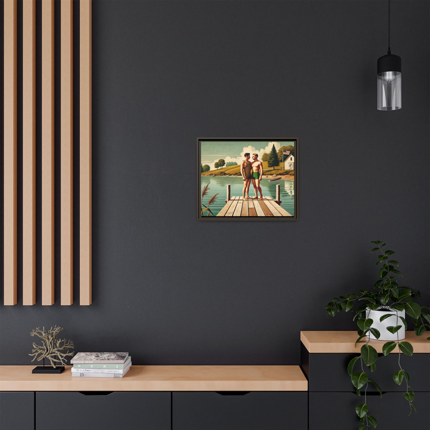 Framed artwork of a gay couple sharing a tender moment on a wooden dock by a peaceful lake, dressed in vintage swimwear. Set against rolling hills and a lakeside cabin, this nostalgic scene honors LGBTQ+ love in a serene Midwestern summer setting.