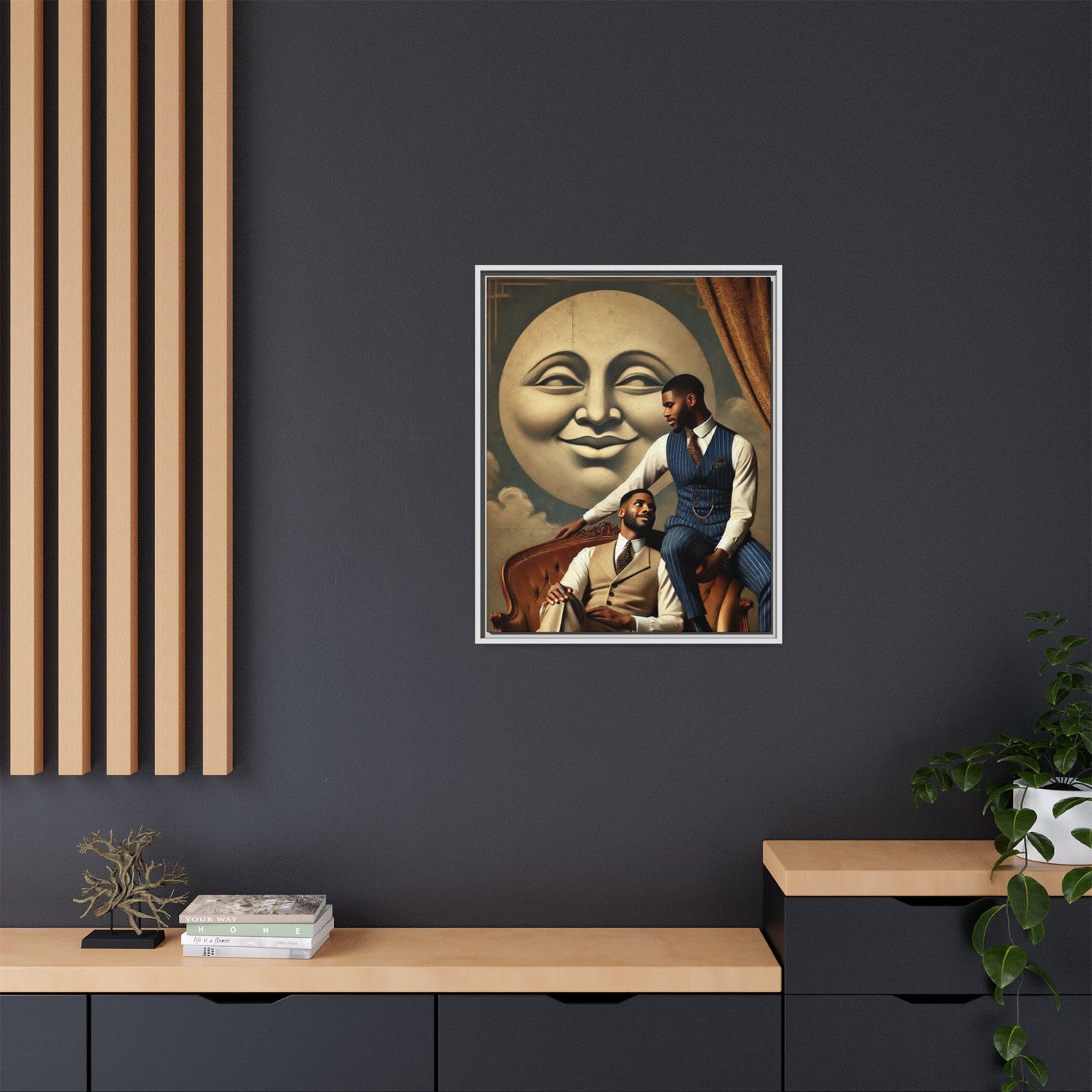 An elegant portrait of two Black men in vintage suits, seated affectionately beneath a smiling full moon. This 1920s-inspired artwork reclaims lost LGBTQ history, honoring Black queer love through style, softness, and resilience.