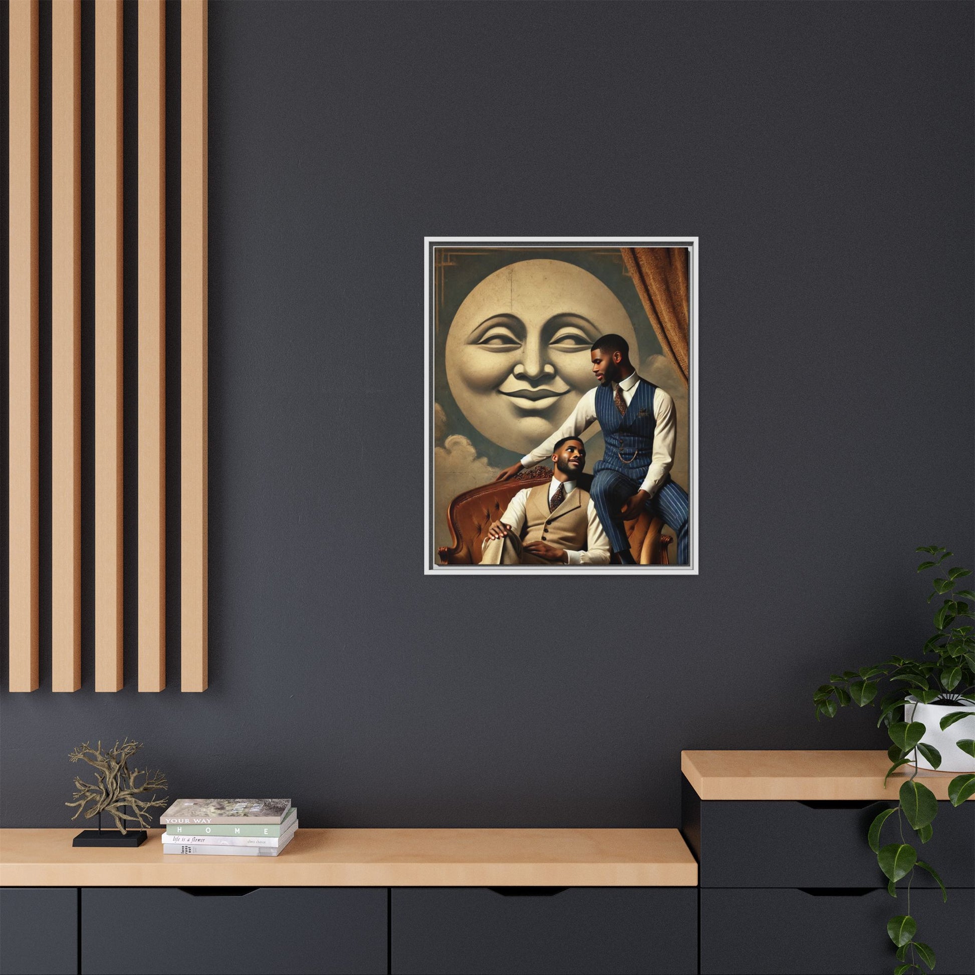 An elegant portrait of two Black men in vintage suits, seated affectionately beneath a smiling full moon. This 1920s-inspired artwork reclaims lost LGBTQ history, honoring Black queer love through style, softness, and resilience.