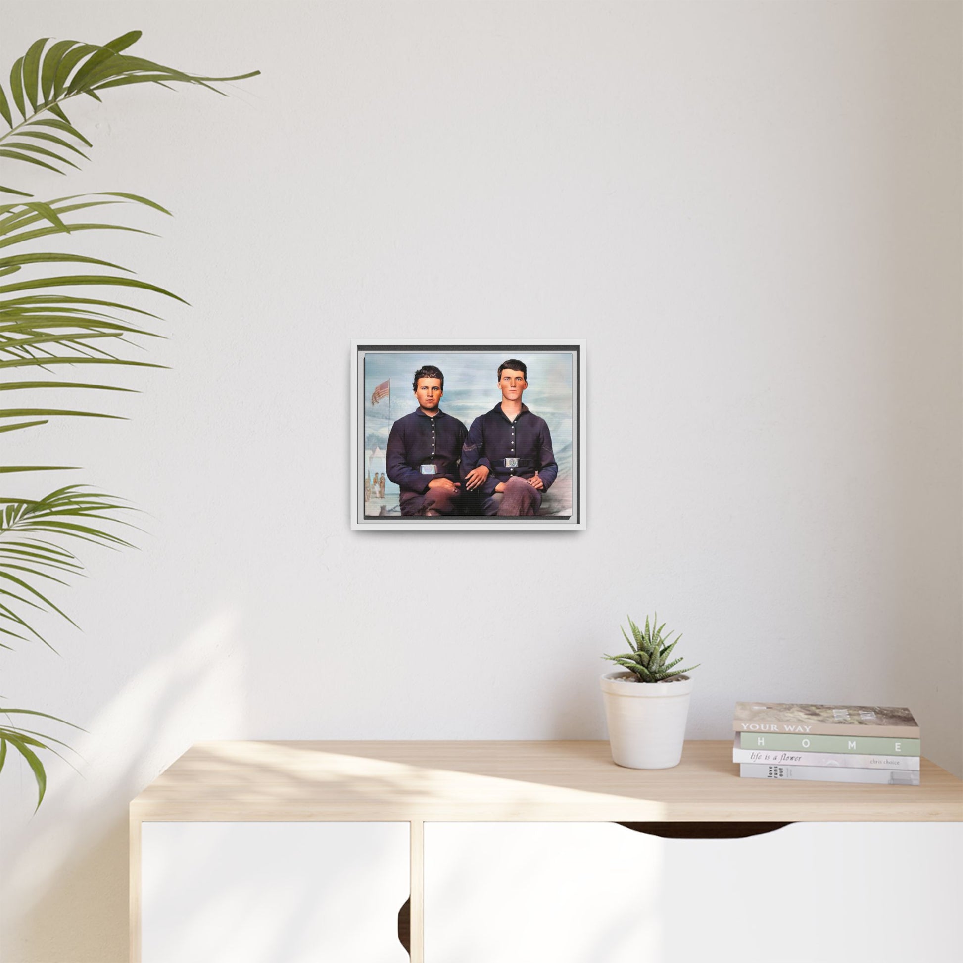 A framed vintage Civil War photo on matte canvas featuring two Union soldiers at Camp Curtin, honoring military history. Gay Couple