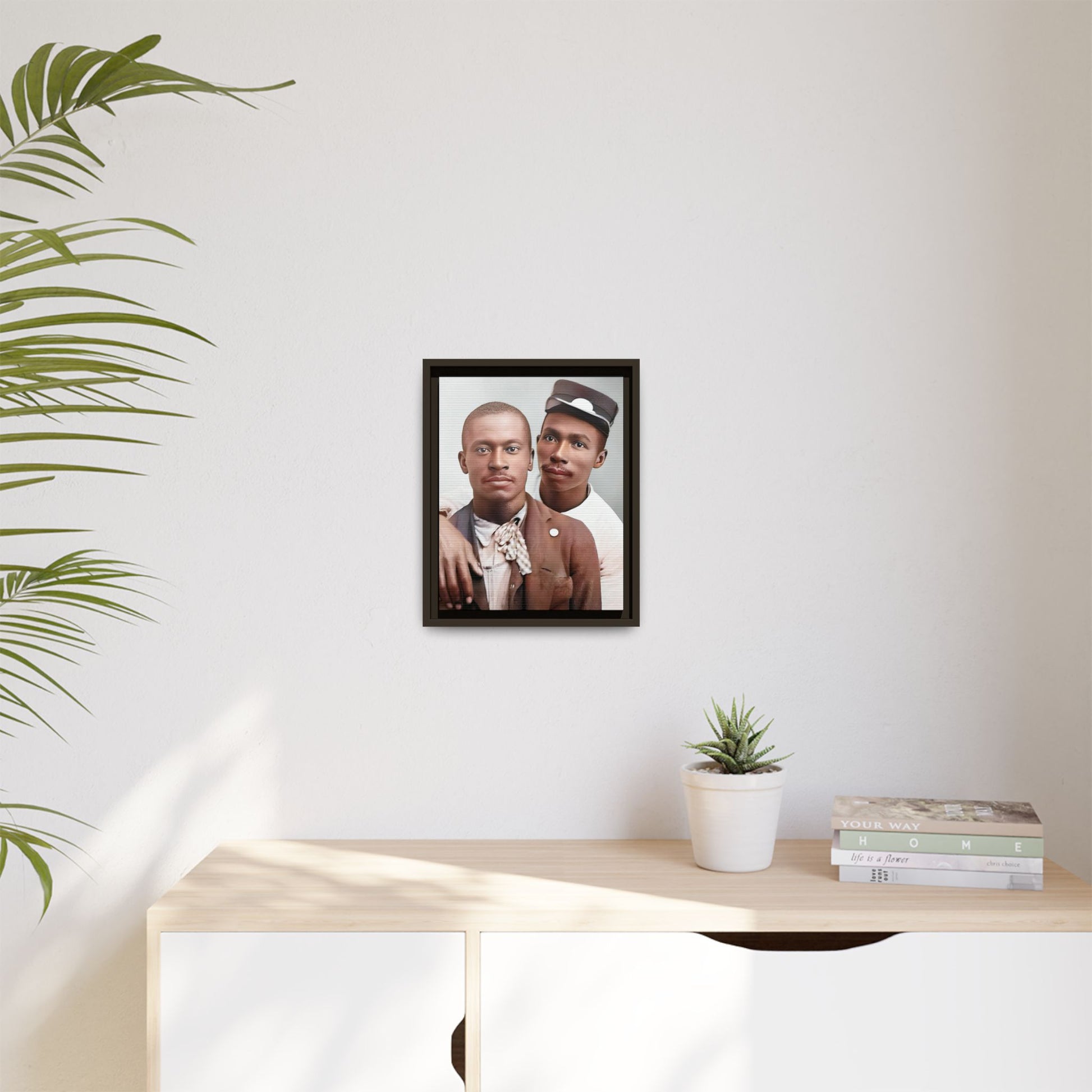 A restored vintage portrait of Willie & Louis at Metro-North Railroad in Harlem, New York. This framed matte canvas celebrates LGBTQ+ history, African American heritage, and timeless love. Gay Couple